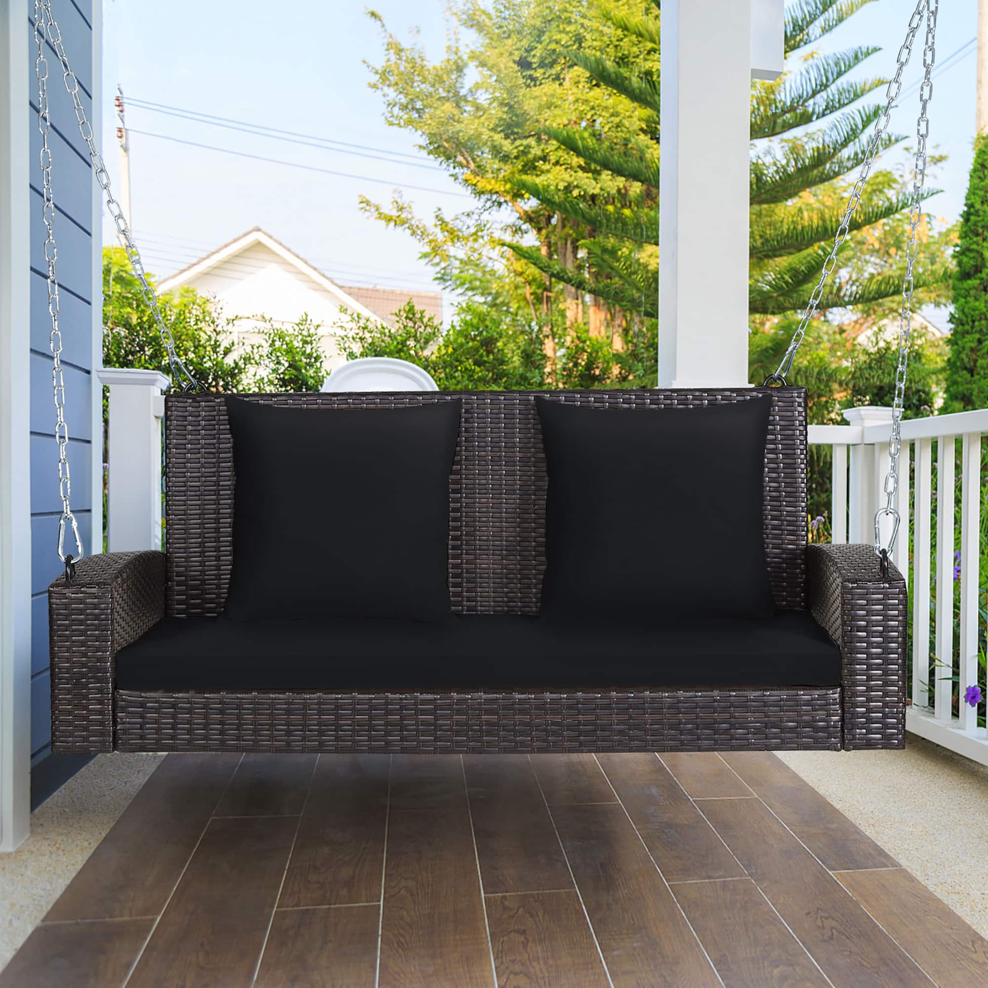 Costway - 2-Person Patio Rattan Hanging Porch Swing Bench Chair Cushion - Black