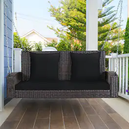 Costway - 2-Person Patio Rattan Hanging Porch Swing Bench Chair Cushion - Black