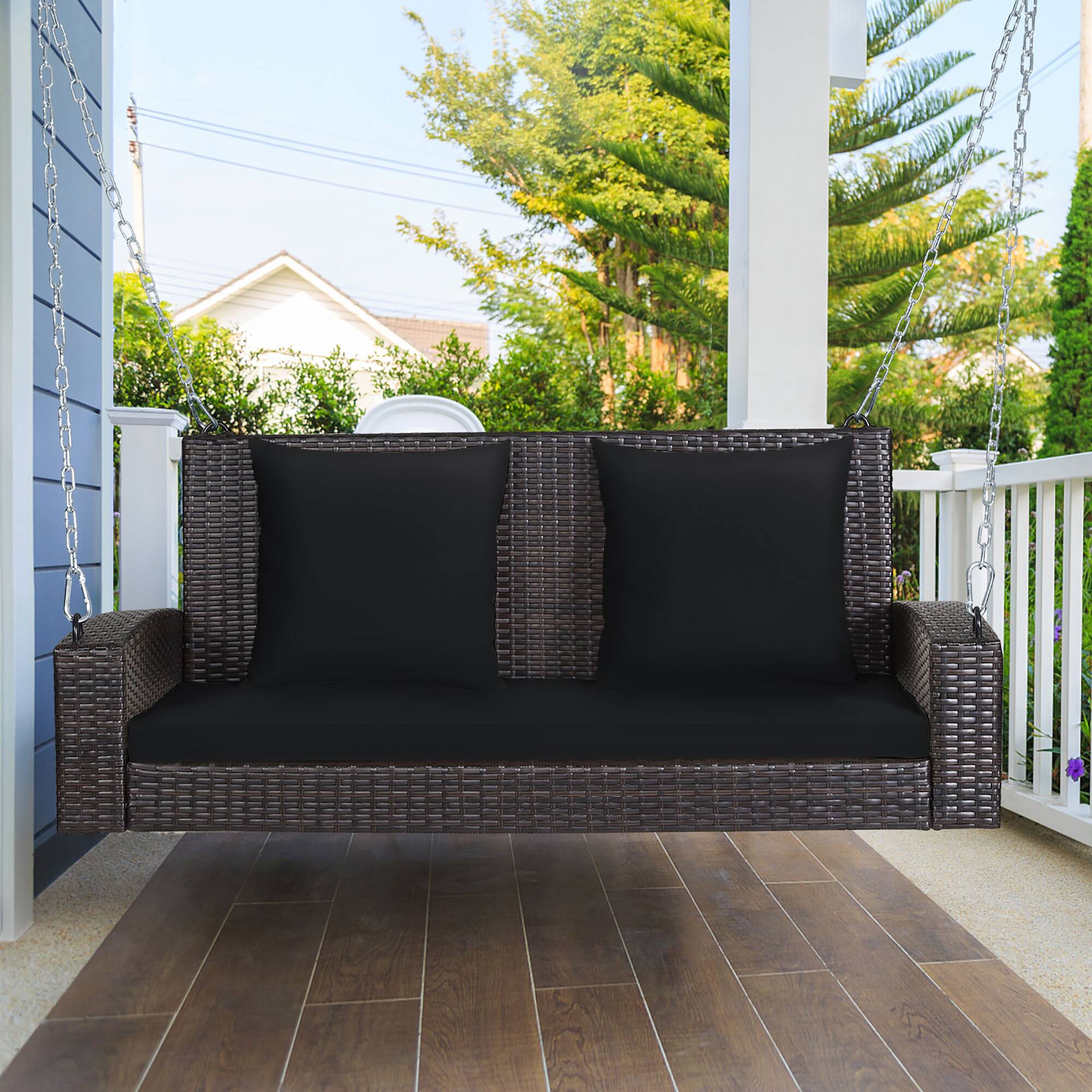 Alt View 1. Costway - Costway 2-Person Patio Rattan Hanging Porch Swing Bench Chair Cushion - Black.