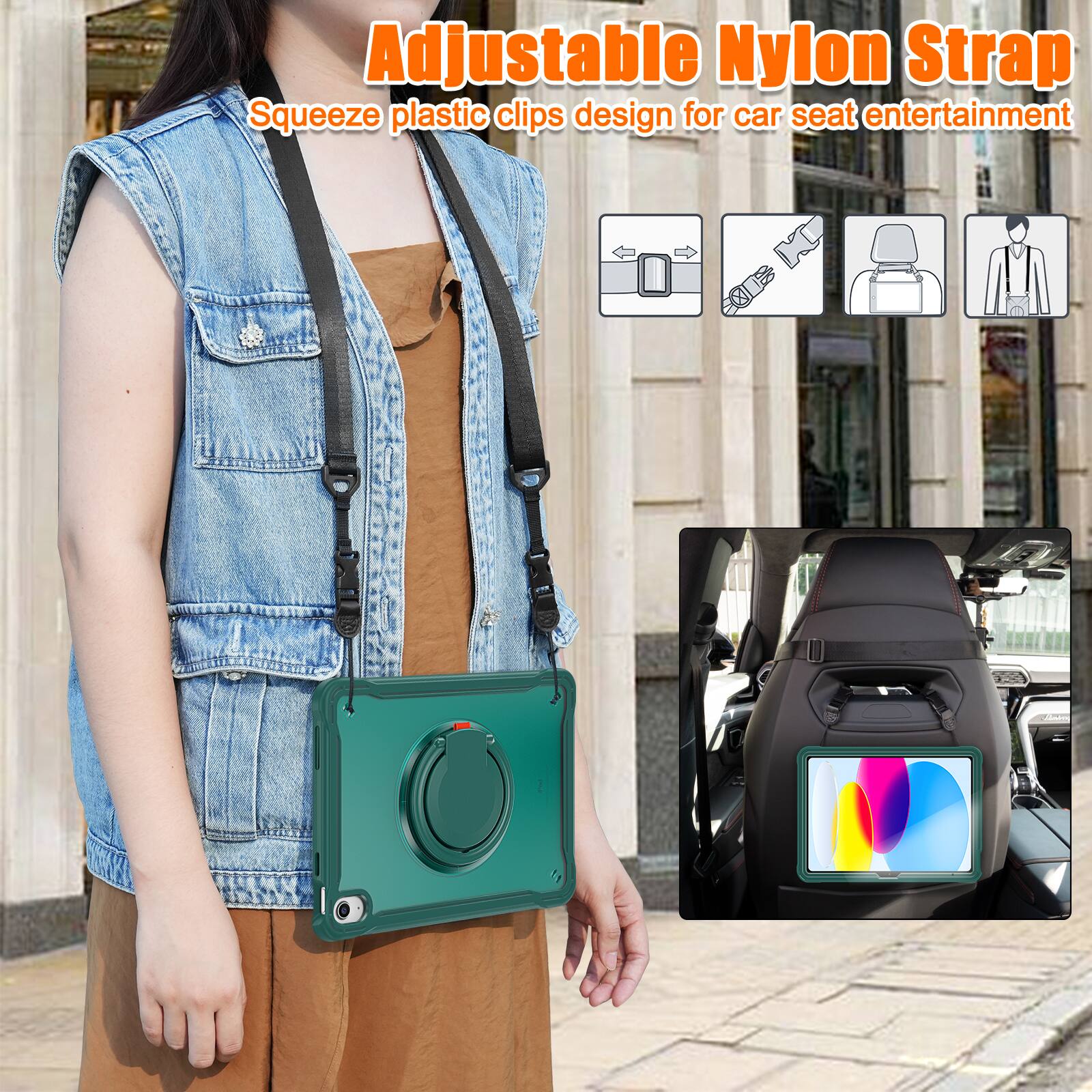 Adjustable Nylon Strap  
Squeeze plastic clips design for car seat entertainment