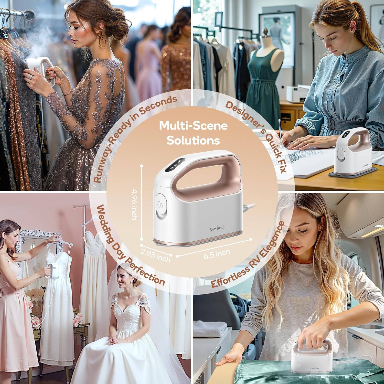 - Runway-Ready in Seconds
- Multi-Scene Solutions
- Designer's Quick Fix
- Wedding Day Perfection
- Effortless RV Elegance

Dimensions:
- 4.96 inch
- 2.95 inch
- 6.5 inch