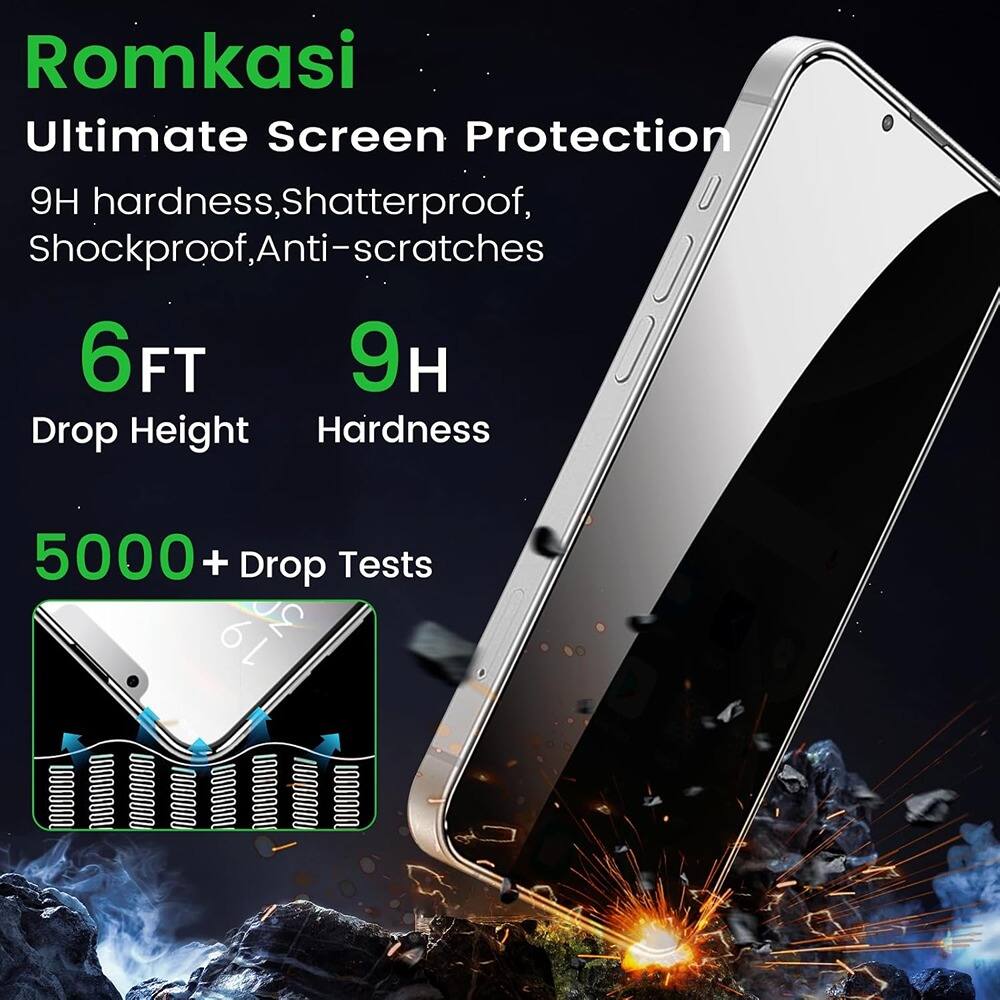 Romkasi  
Ultimate Screen Protection  
9H hardness, Shatterproof, Shockproof, Anti-scratches  

6FT Drop Height  
9H Hardness  
5000+ Drop Tests