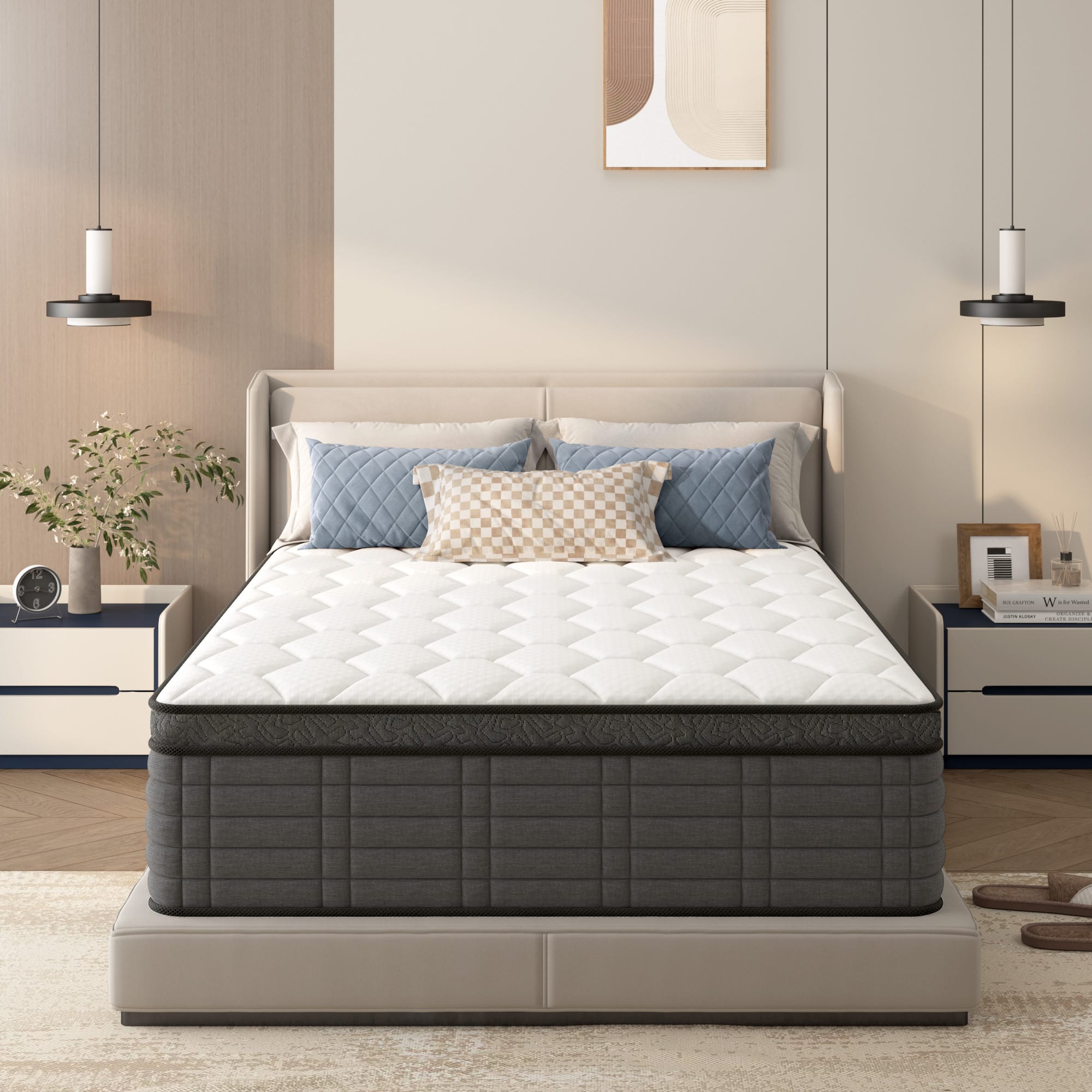 Front. Glintex - 12 Inch Full Size Medium Firm Hybrid Mattress with Individually Pocketed Coil Support, CertiPUR-US Certified - Grey+White.