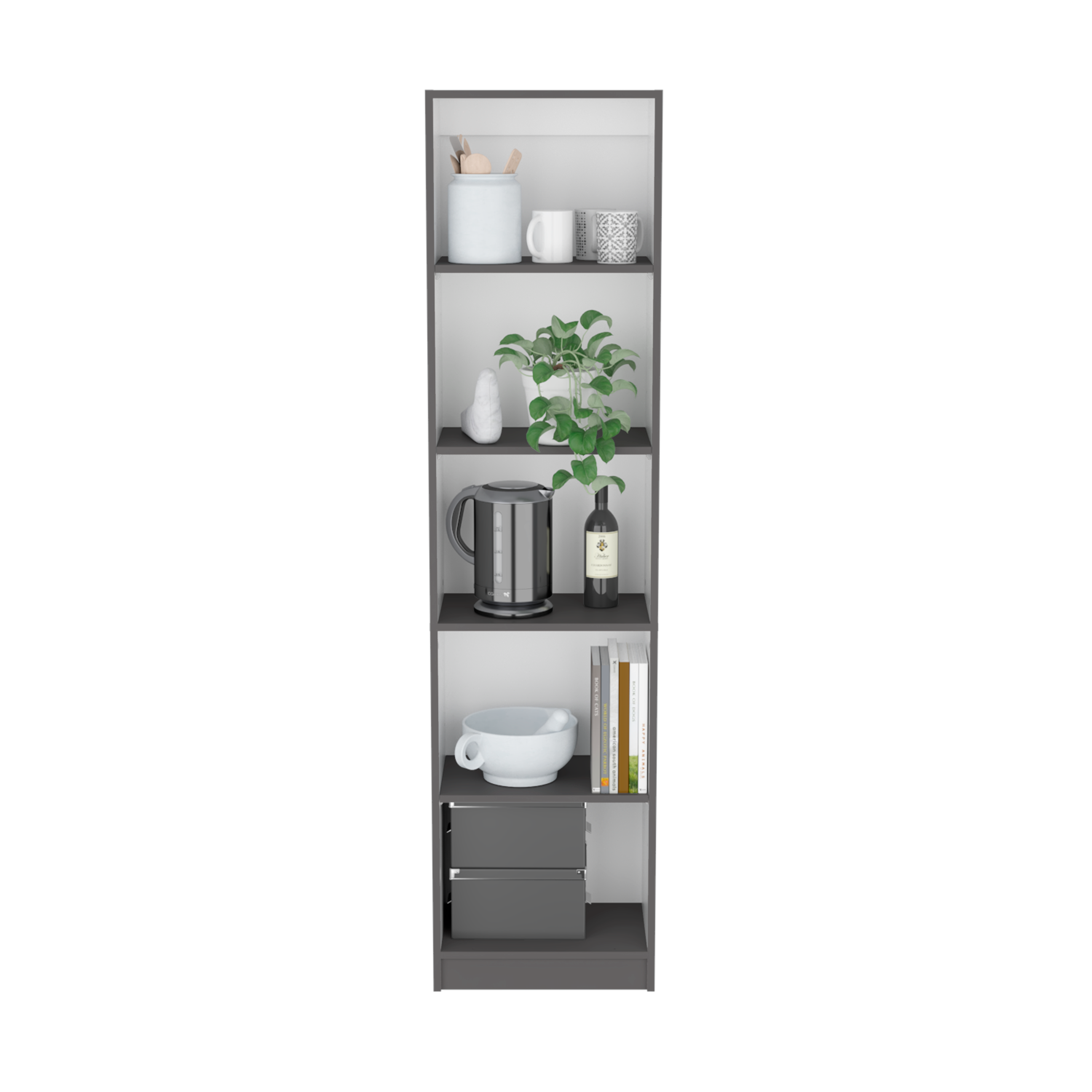 Left. APRILSOUL - Vinton XS Bookcase Compact Bookshelf with Multiple Shelves, Matt Gray / White.