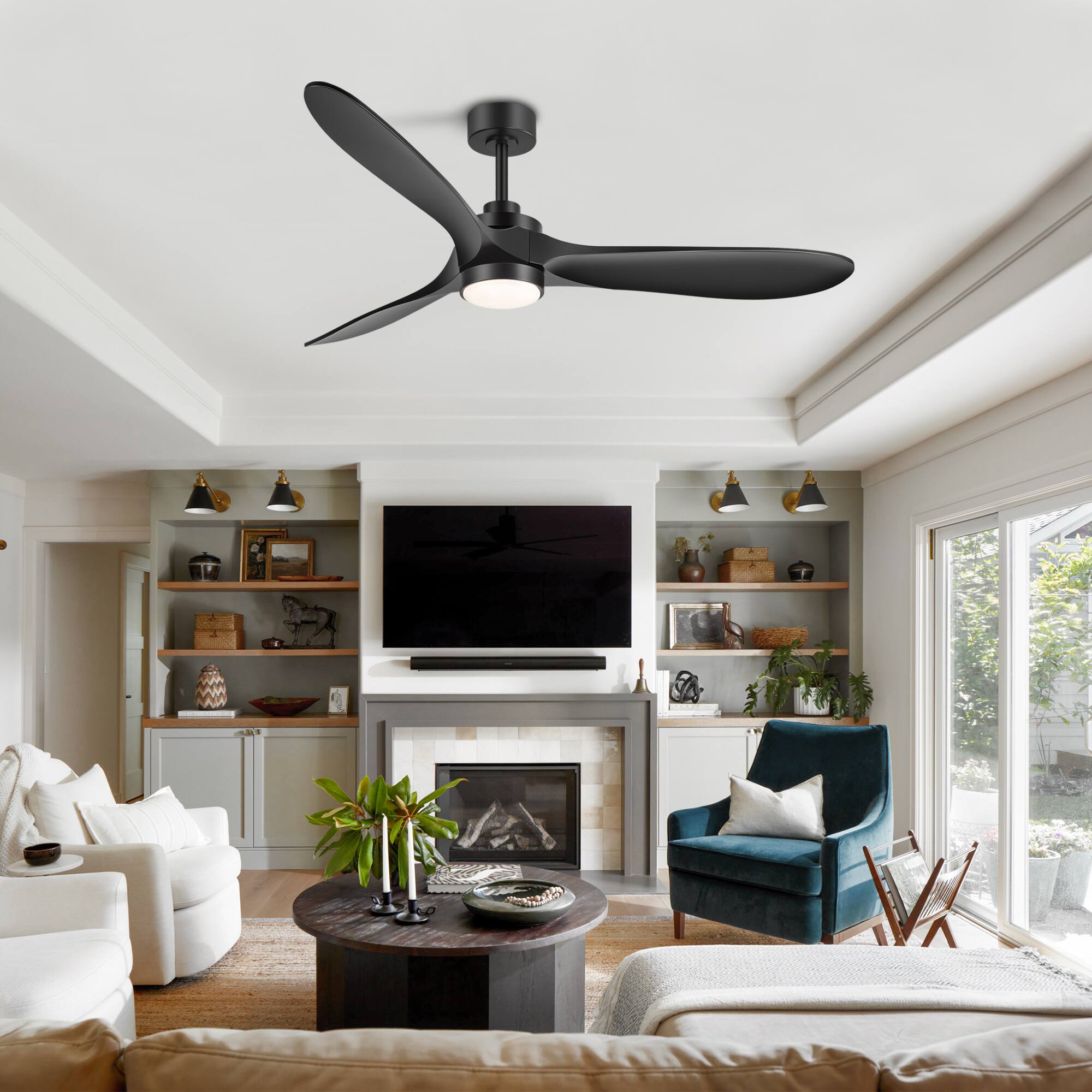 Alt View 1. Breezary - 60-Inch Indoor Ceiling Fan with 3 ABS Blades, DC Motor, 6-Speed Remote Control with Timer, 6"&12" Downrods, Led/No Light - Black (With Light).