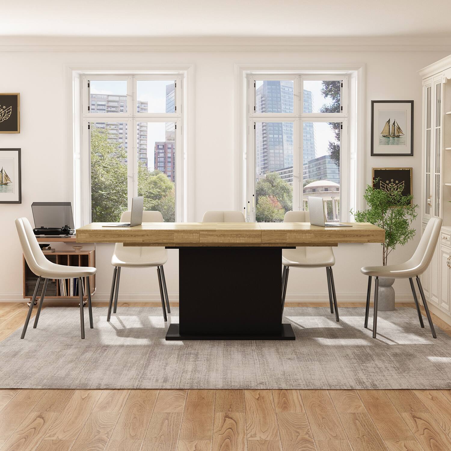 Alt View 8. FUFU & GAGA - FUFU&GAGA Expandable Conference Table - Office Meeting, Team Collaboration & Flexible Work Desk - Black & Wooden.