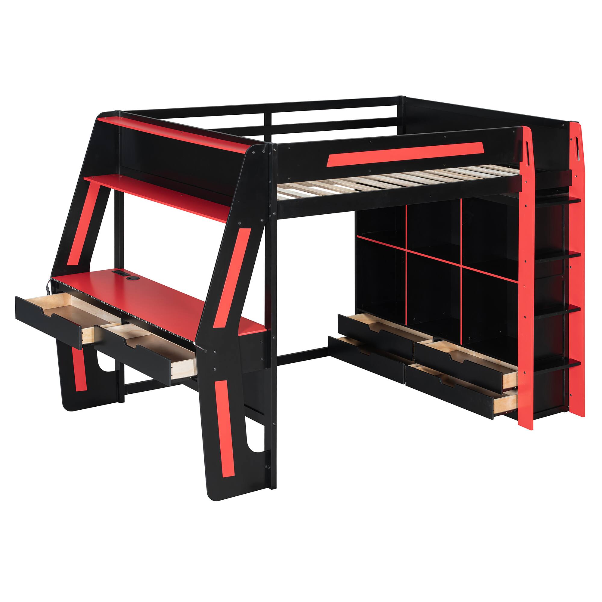 Back. Whisen - Full Size Gaming Loft Bed,Workstation Bed Frame with Built-in Desk,6 Storage Cubbies,USB Ports and RGB LED Lights - Black+Red.