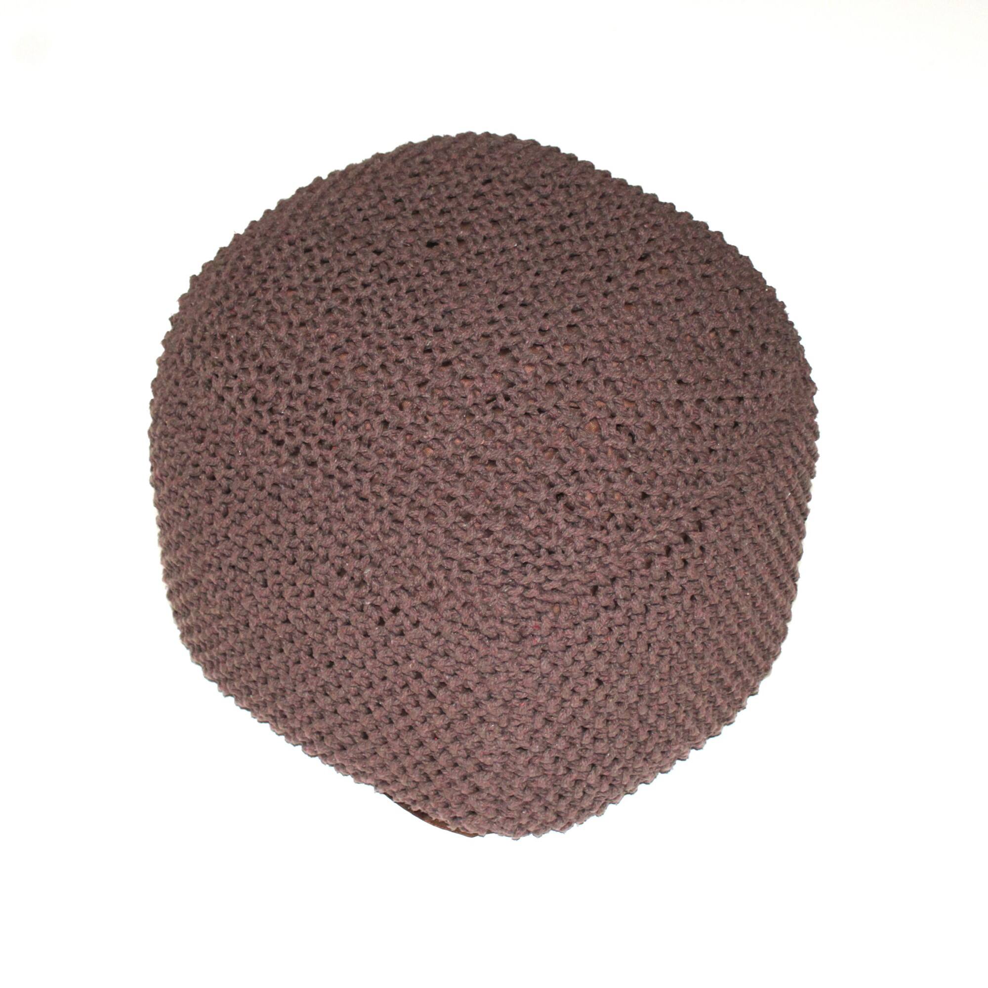 Angle. GOODSILO - Handmade Cable Knit Semi-Round Pouf Footrest for Living Room or Bedroom, Soft Cotton Accent Seating - Brown.