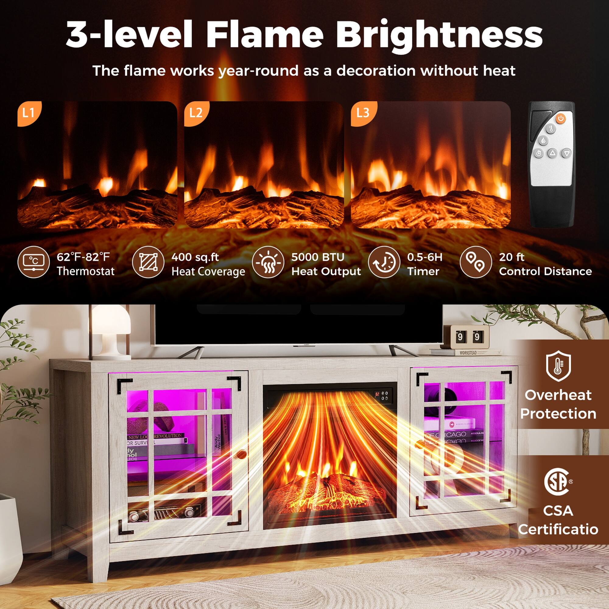 3-level Flame Brightness  
The flame works year-round as a decoration without heat

L1  
L2  
L3

62°F-82°F Thermostat  
400 sq.ft Heat Coverage  
5000 BTU Heat Output  
0.5-6H Timer  
20 ft Control Distance

Overheat Protection  
CSA Certification