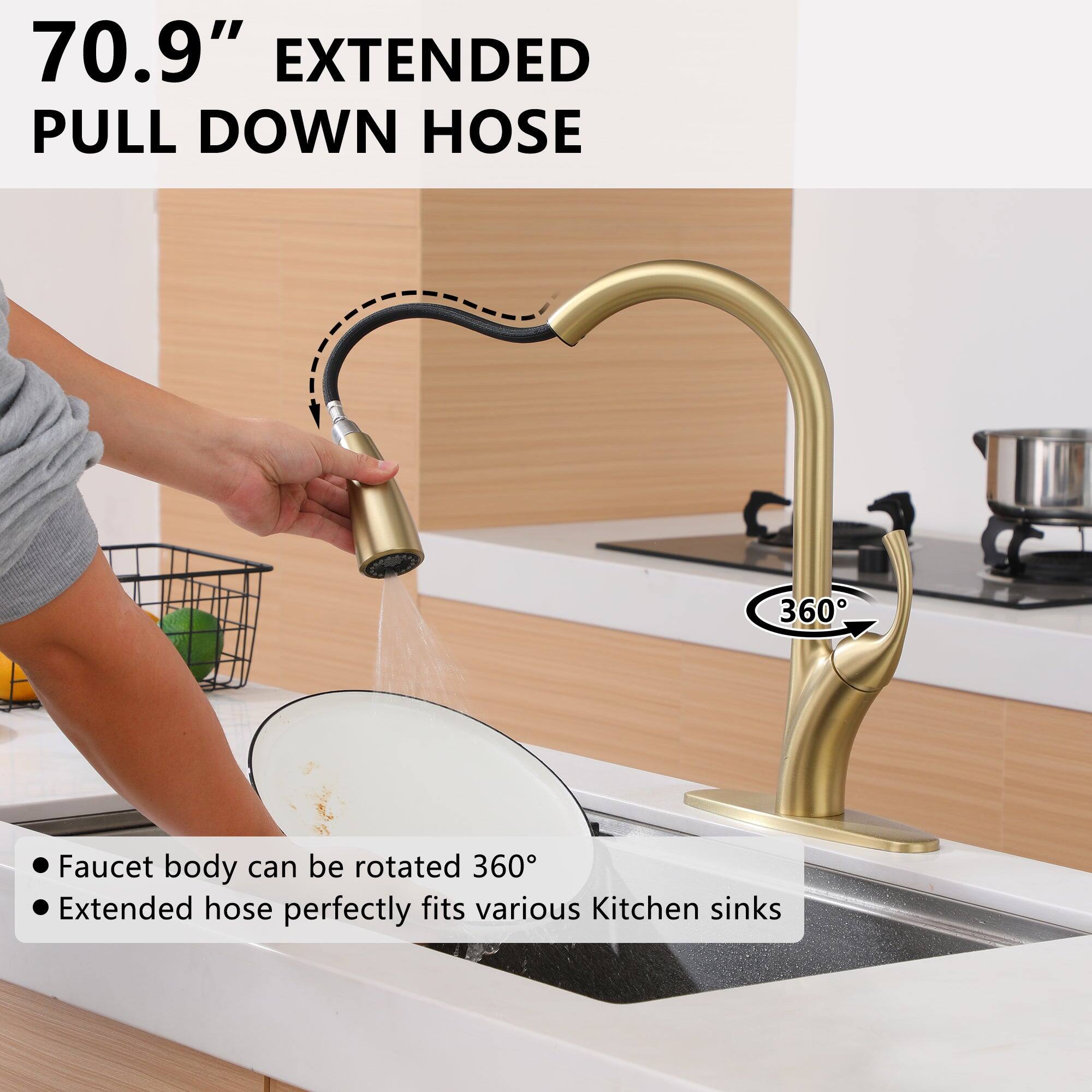 70.9" EXTENDED PULL DOWN HOSE

Faucet body can be rotated 360°
Extended hose perfectly fits various Kitchen sinks
