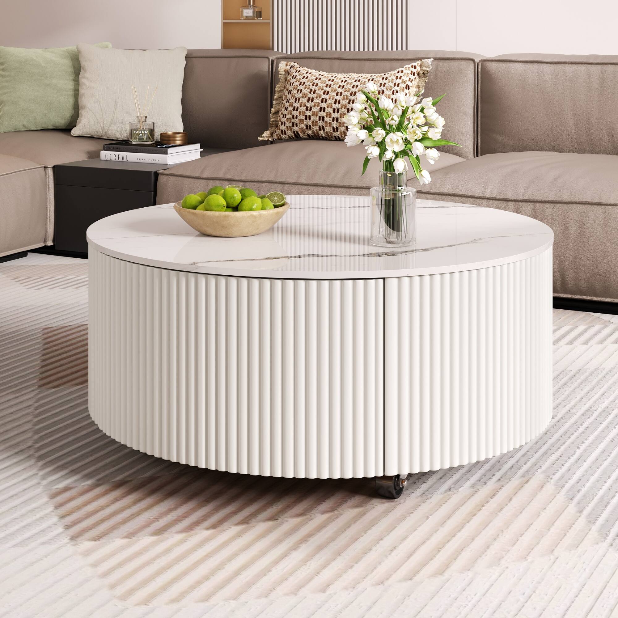 Alt View 1. Tiramisubest - Modern Round Movable Coffee Table with Casters, 2 Drawers, Marble Pattern Sintered Stone Top, White, 29.5" - White.
