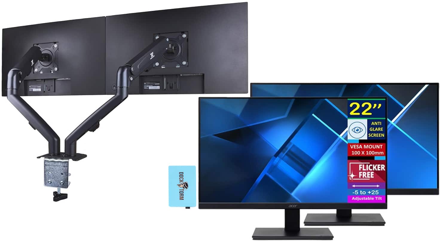 Acer - Vero V227Q H 22" FHD Monitor, AMD FreeSync, HDMI, (UM.WV7AA.H01) 2 Pack w/DKZ Hub & Ergoflexy Dual Mount Arm - Black