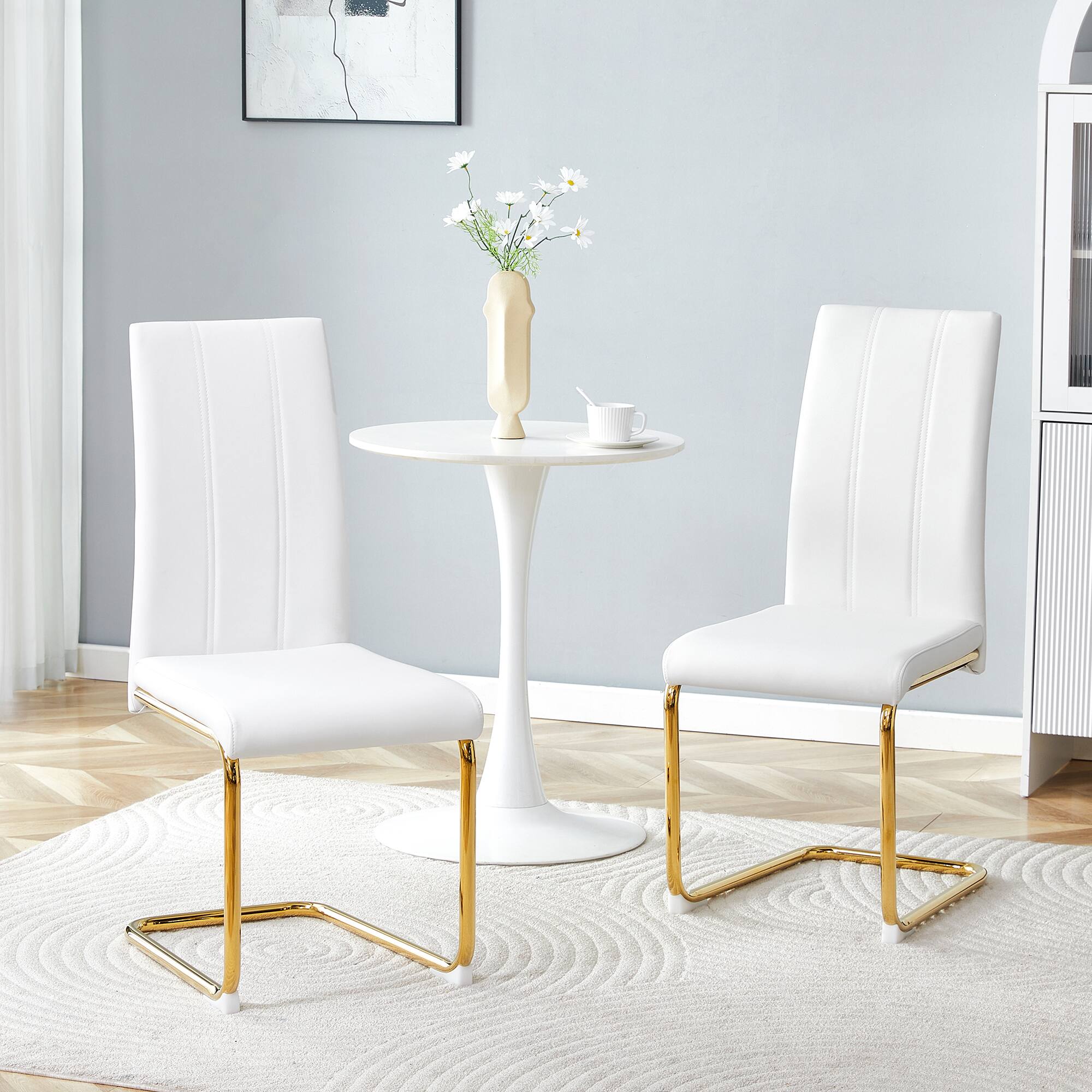 Angle. Loheer - High Back PU Dining Chairs with Gold Legs - Set of 2 - Gold,White.
