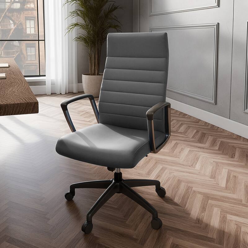 Angle. LeisureMod - Hilton Modern High-Back Leather Executive Office Chair with Adjustable Height, Tilt & Swivel - Grey.
