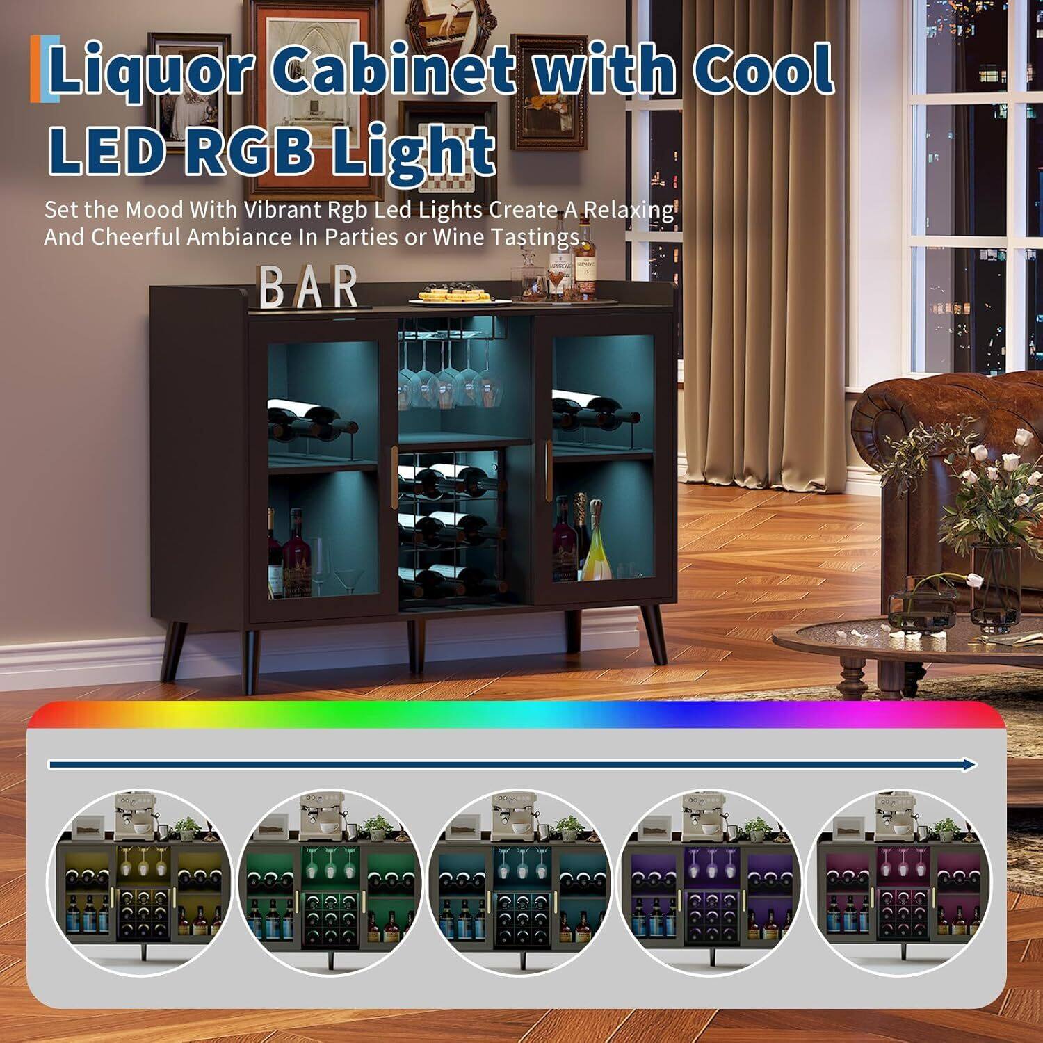 Liquor Cabinet with Cool LED RGB Light

Set the Mood With Vibrant RGB LED Lights Create A Relaxing And Cheerful Ambiance In Parties or Wine Tastings

BAR