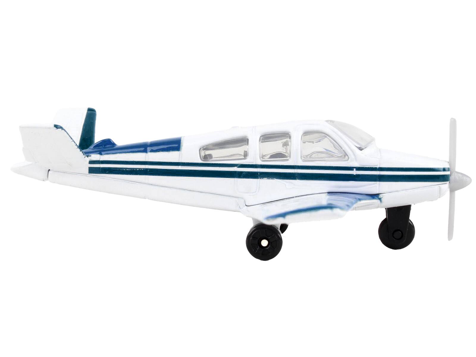Angle. Runway24 - Beechcraft Bonanza Aircraft White with Blue Stripes "N42997" with Runway Section Diecast Model Airplane by Runway24 - White with Blue.