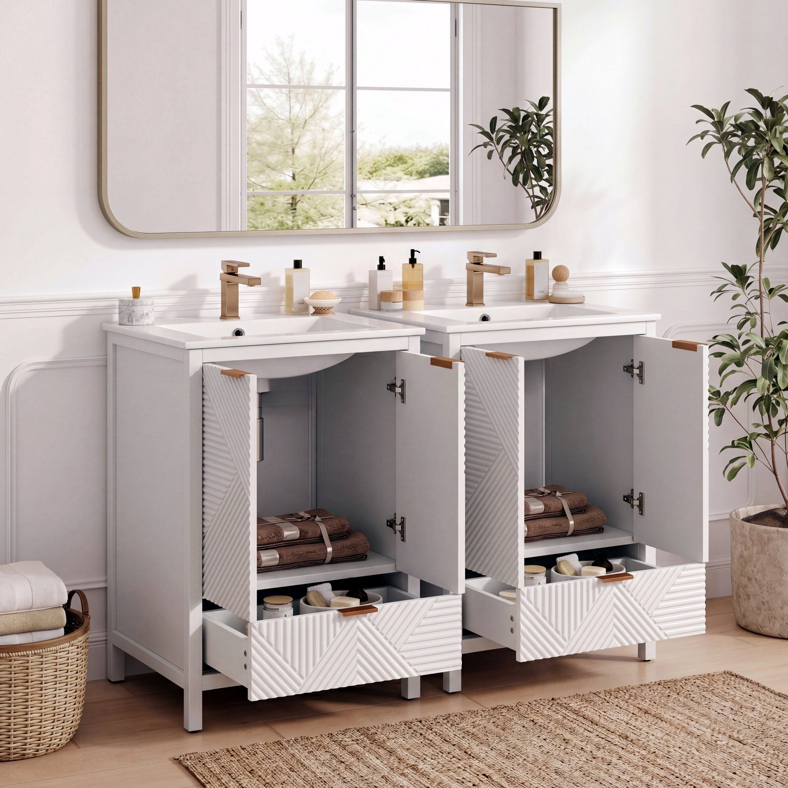 Back. Loheer - 4.04 ft Bathroom Vanity Set with Double Ceramic Sinks, Soft Close Doors and Drawer for Bath - White.