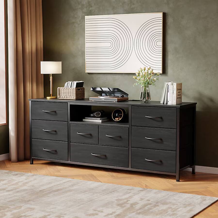 Angle. Furnulem - Modern TV Stand with LED Lights Charging Station 9 Drawers Media Console for Living Room Bedroom - Black.