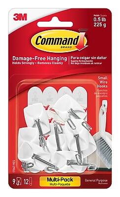 3M Command Brand  
Damage-Free Hanging  
Holds Strongly - Removes Cleanly  
Para colgar sin dañar  
Sujeta firmemente - No deja residuos al retirar  

0.5 lb  
225 g  

Small Wire Hooks  
Ganchos de alambre pequeños  

Multi-Pack  
Multi-Paquete  

General Purpose  
Multiusos  

9 + 12