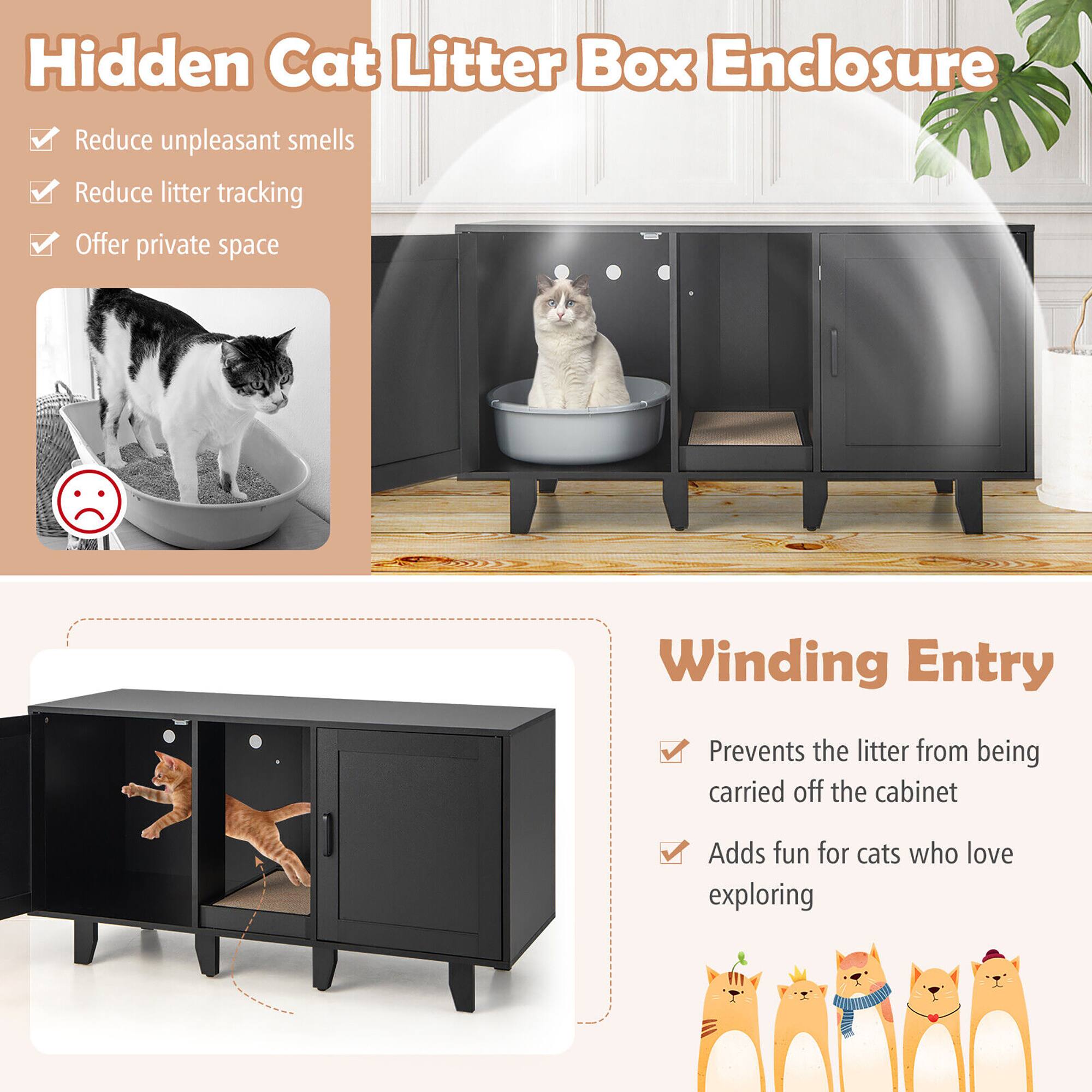 Hidden Cat Litter Box Enclosure

- Reduce unpleasant smells
- Reduce litter tracking
- Offer private space

Winding Entry

- Prevents the litter from being carried off the cabinet
- Adds fun for cats who love exploring