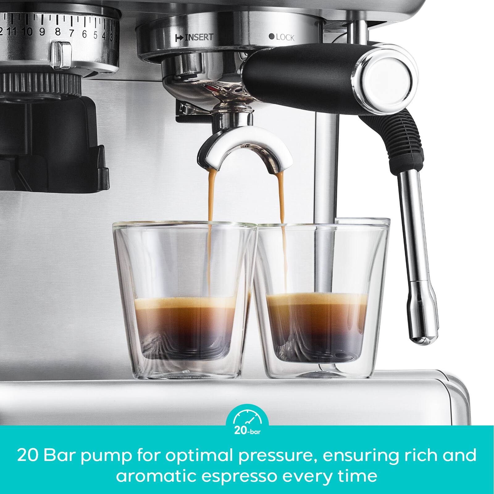 20 Bar pump for optimal pressure, ensuring rich and aromatic espresso every time