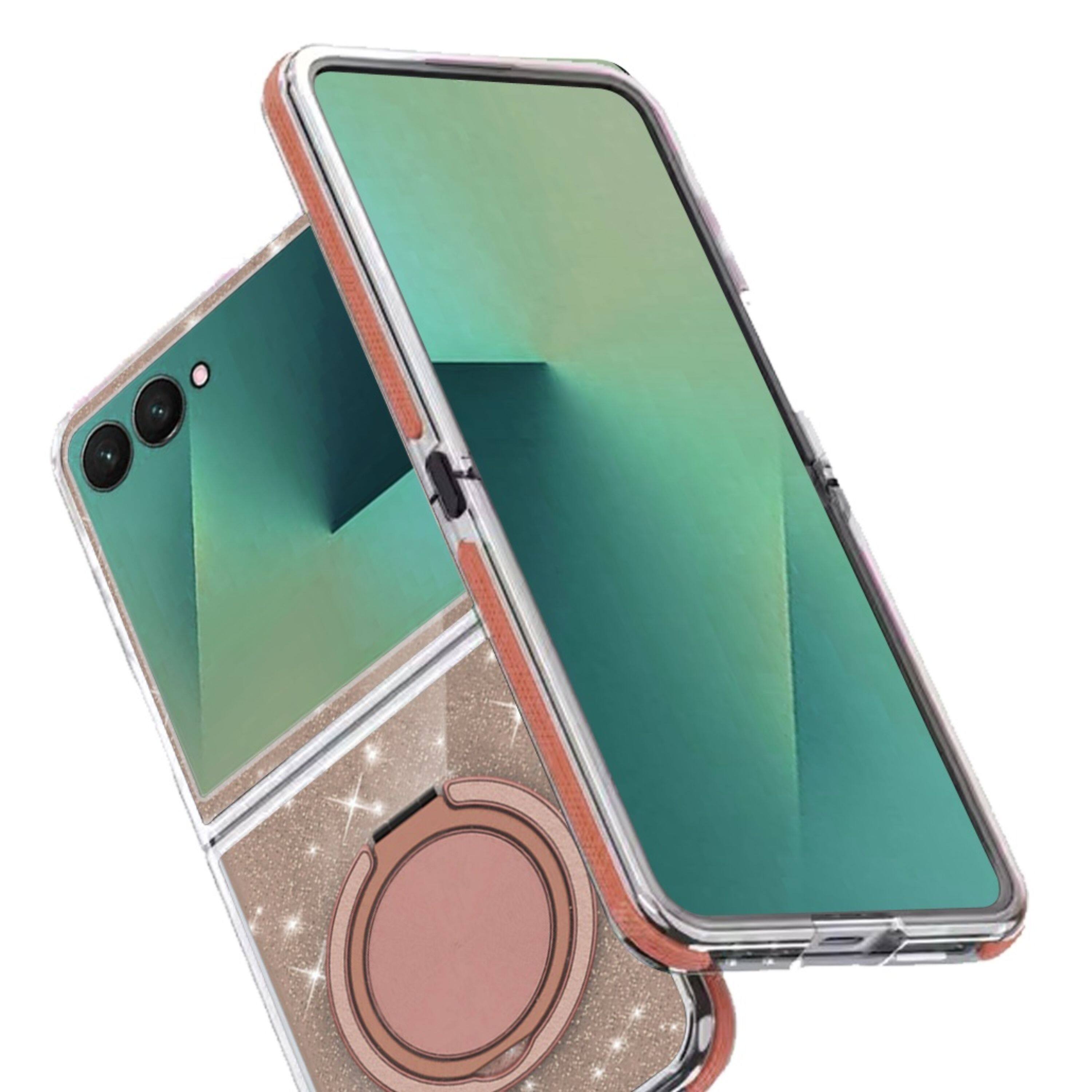 Angle. Kitcheniva - Full Glitter Magnetic Circle Case With Stand Tempered Glass For Samsung Z Flip7 Gold - Gold.
