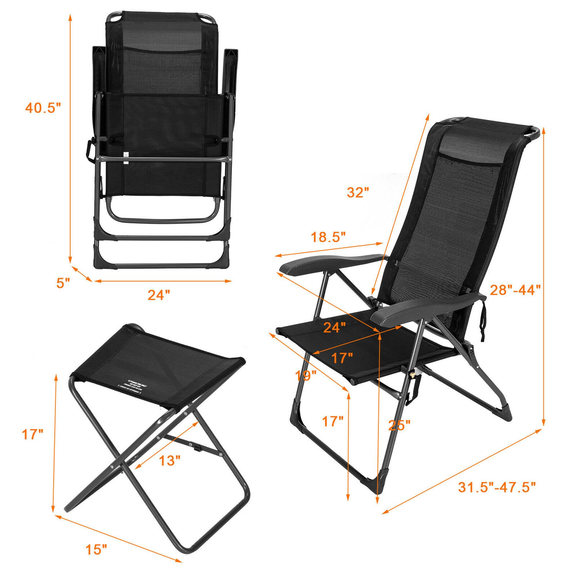 - Height: 40.5"
- Width: 24"
- Depth: 5"
- Seat Height: 18.5"
- Seat Width: 32"
- Armrest Height: 24"
- Backrest Height: 28"-44"
- Seat Depth: 19"
- Armrest Width: 17"
- Footrest Height: 17"
- Footrest Width: 17"
- Footrest Depth: 25"
- Folded Height: 13"
- Folded Width: 17"
- Folded Depth: 15"
- Folded Length: 31.5"-47.5"
