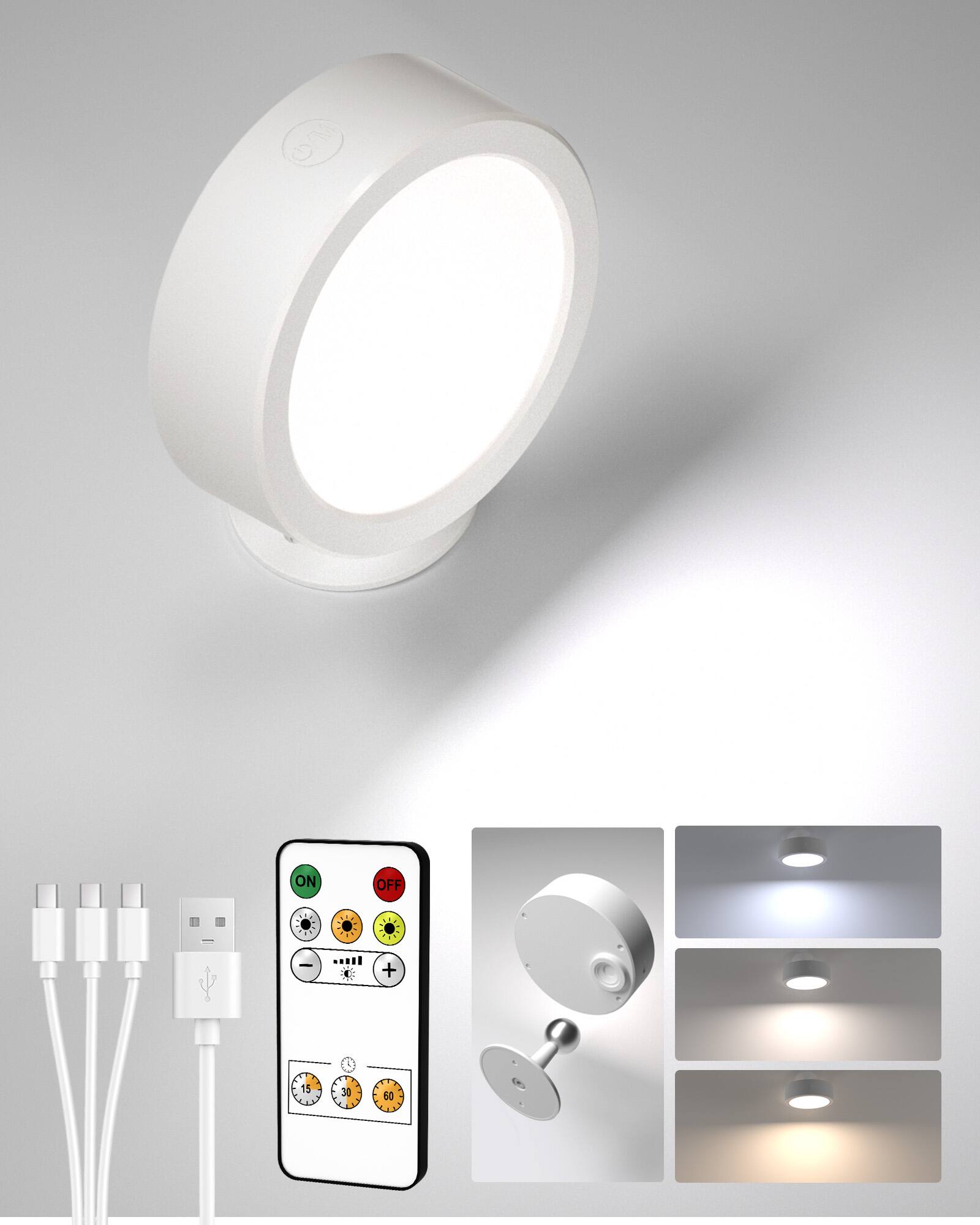 Angle. EZVALO - 1 Pack Rotation Dimmable Cordless Wall Mounted Light White LED Wall Sconce Smart Recessed Lighting with Remote-3 Temps - White.