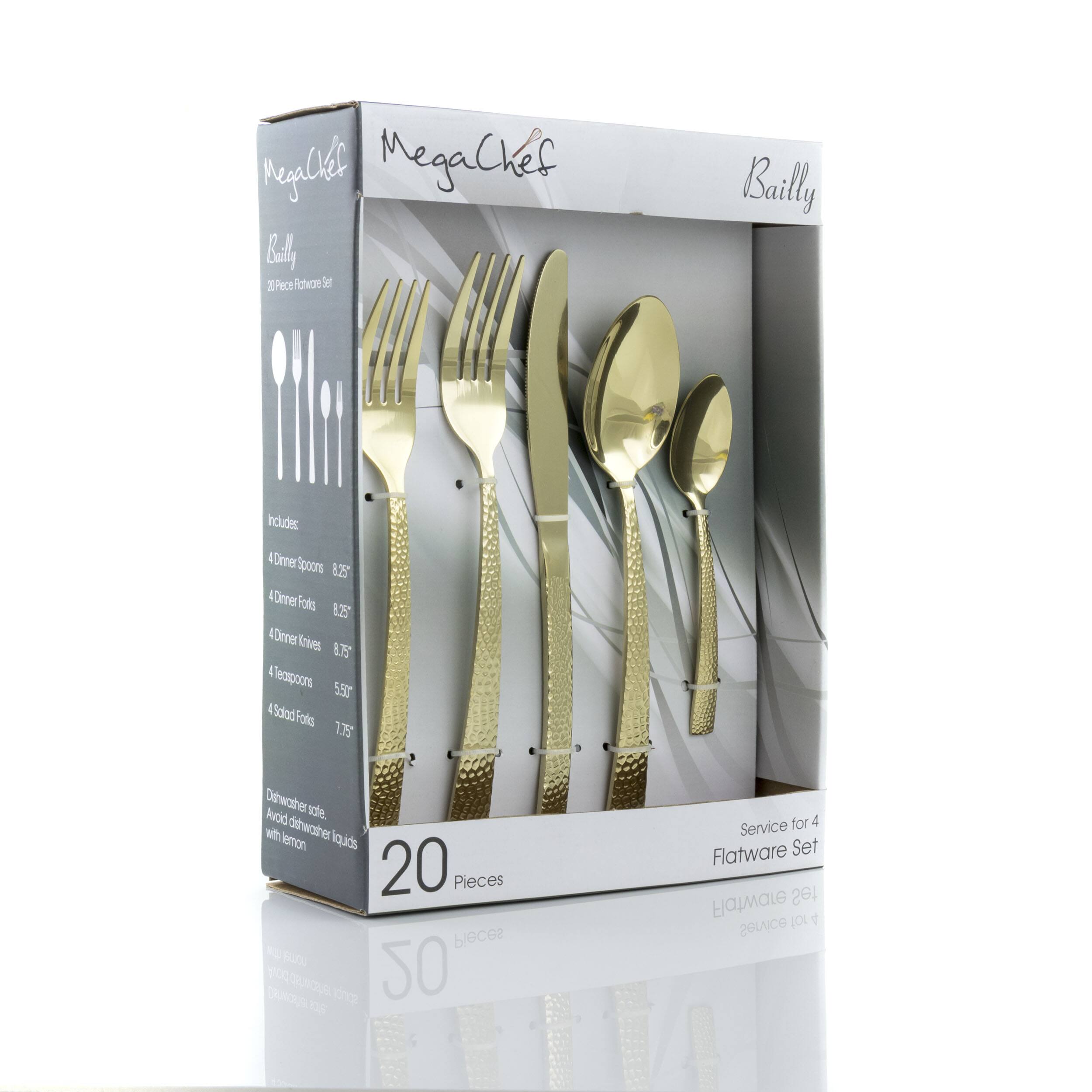 MegaChef Bailly 20 Pieces Set Includes 4 Dinner Spoons 8.25, 4 Dinner Forks 8.25, 4 Teaspoons 5.50, 4 Salt Spoons 7.75. Service for 4 Flatware Set
