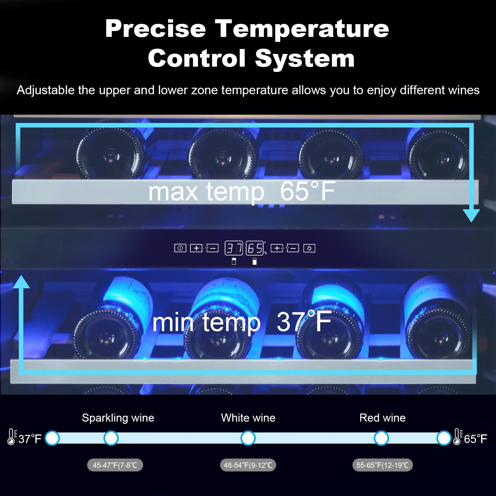 Precise Temperature Control System

Adjustable the upper and lower zone temperature allows you to enjoy different wines

max temp 65°F

min temp 37°F

Sparkling wine: 37°F (45-47°F / 7-8°C)

White wine: 48-54°F (9-12°C)

Red wine: 55-65°F (12-19°C)