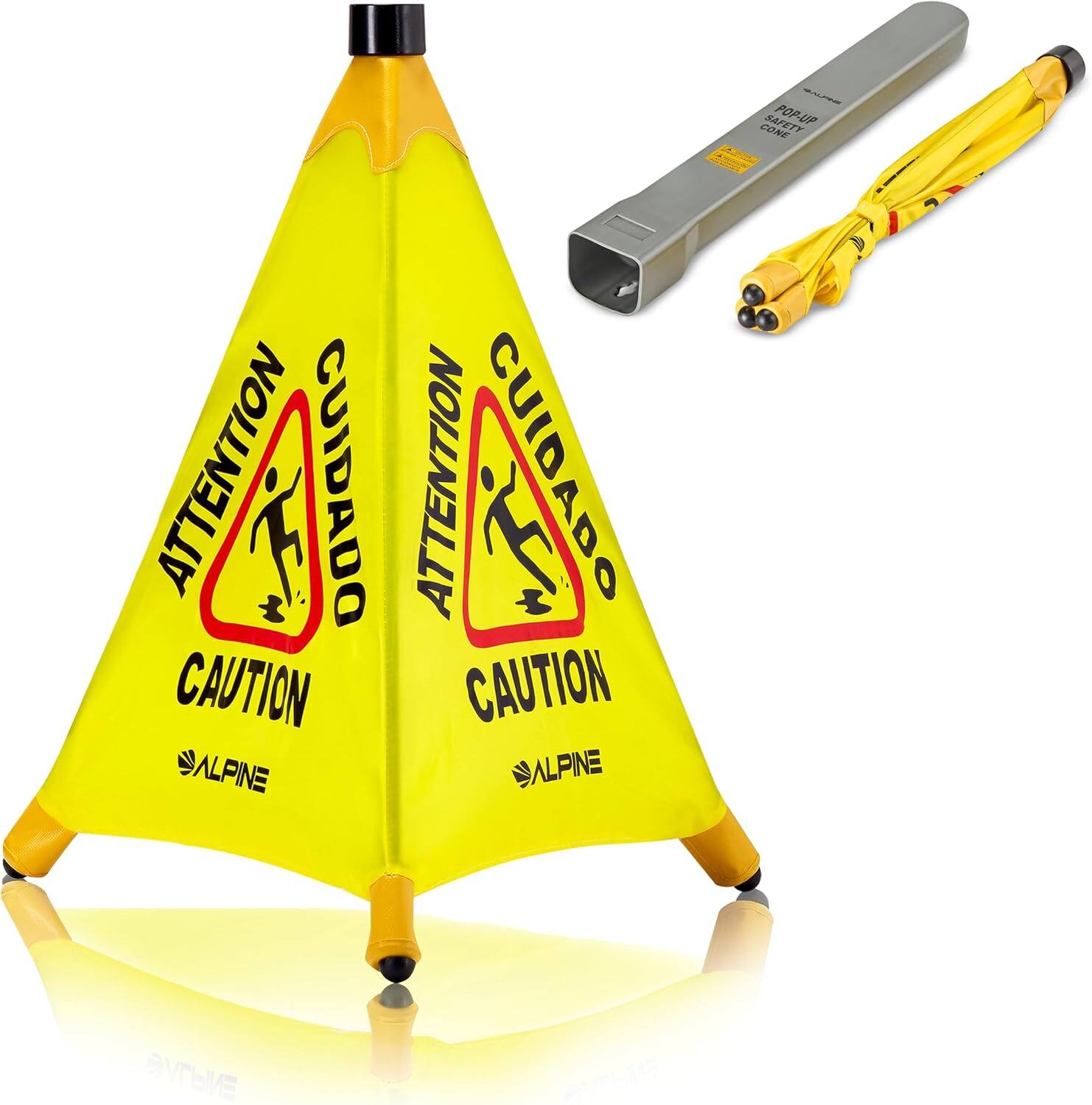 SAFETY POP-UP UF CONE ATTENTION CUIDADO CAUTION ALPINE ATTENTION CUIDADO CAUTION ALPINE
