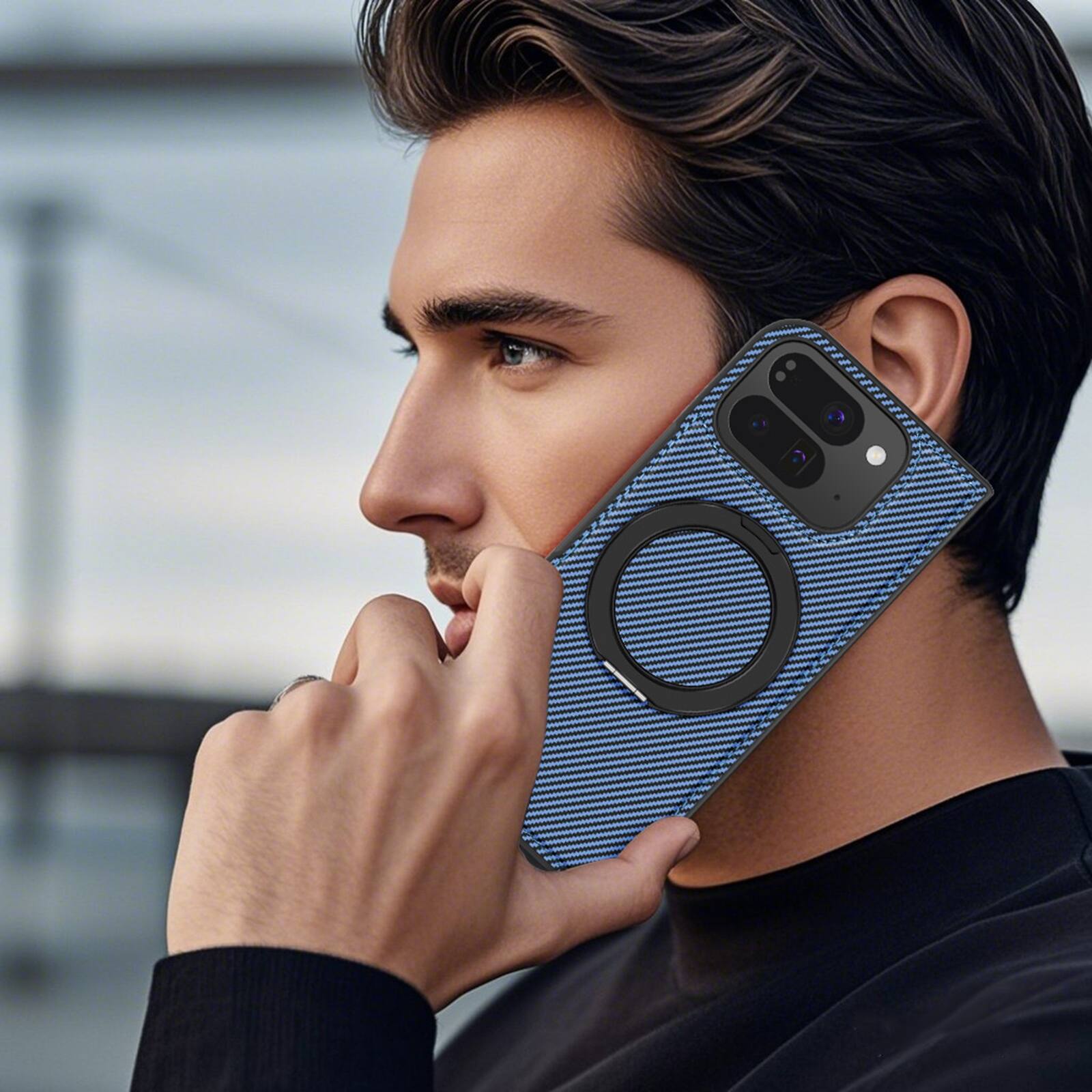Alt View 4. Dteck - Magnetic Carbon Fiber Pattern Case for Google Pixel 10 Pro Fold with Stand, Shockproof Rigid Plastic Faux Leather Cover - Blue.