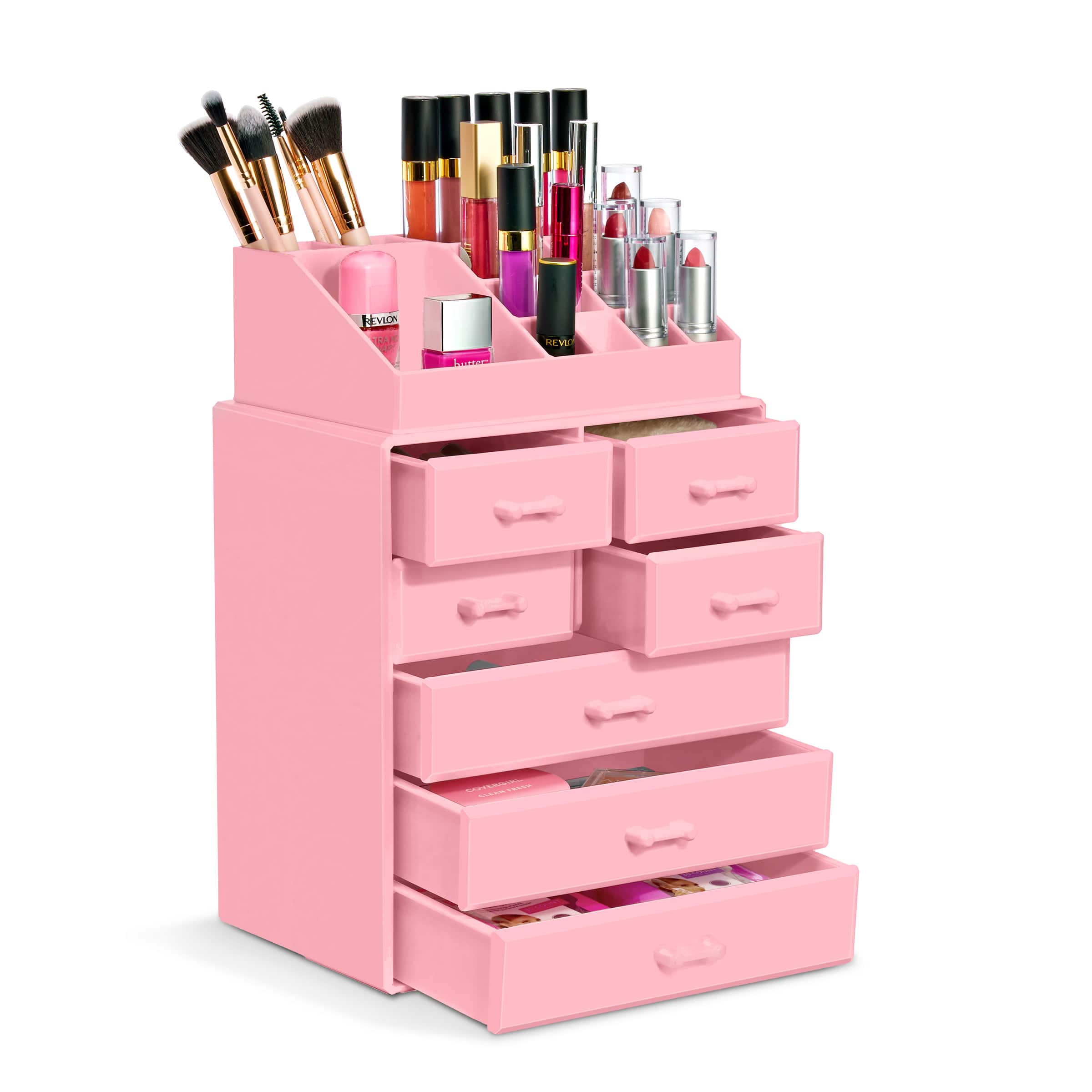 Sorbus - Medium 7 Drawer Makeup Organizer Case with Lipstick Slots & Makeup Brush Holders - Pink