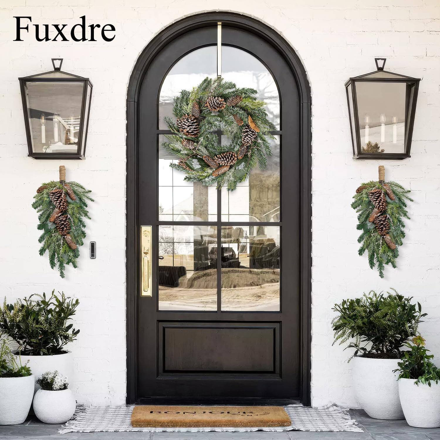 Back. Siljoy - 23" Pre-Lit Xmas Teardrop Swag | Pinecones & Ferns Door Decor - green.