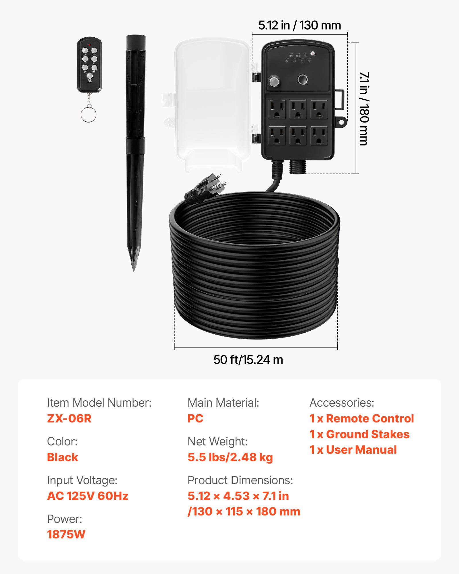 5.12 in / 130 mm  
7.1 in / 180 mm  
50 ft/15.24 m  

Item Model Number: ZX-06R  
Color: Black  
Main Material: PC  
Net Weight: 5.5 lbs/2.48 kg  
Accessories: 1 x Remote Control, 1 x Ground Stakes, 1 x User Manual  
Input Voltage: AC 125V 60Hz  
Power: 1875W  
Product Dimensions: 5.12 x 4.53 x 7.1 in / 130 x 115 x 180 mm