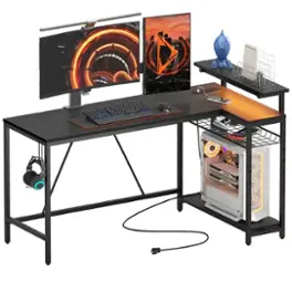 Bestier 58inch L-Shaped Gaming Desk with LED Lights with Power Outlet & Monitor Stand Corner - Black Carbon Fiber