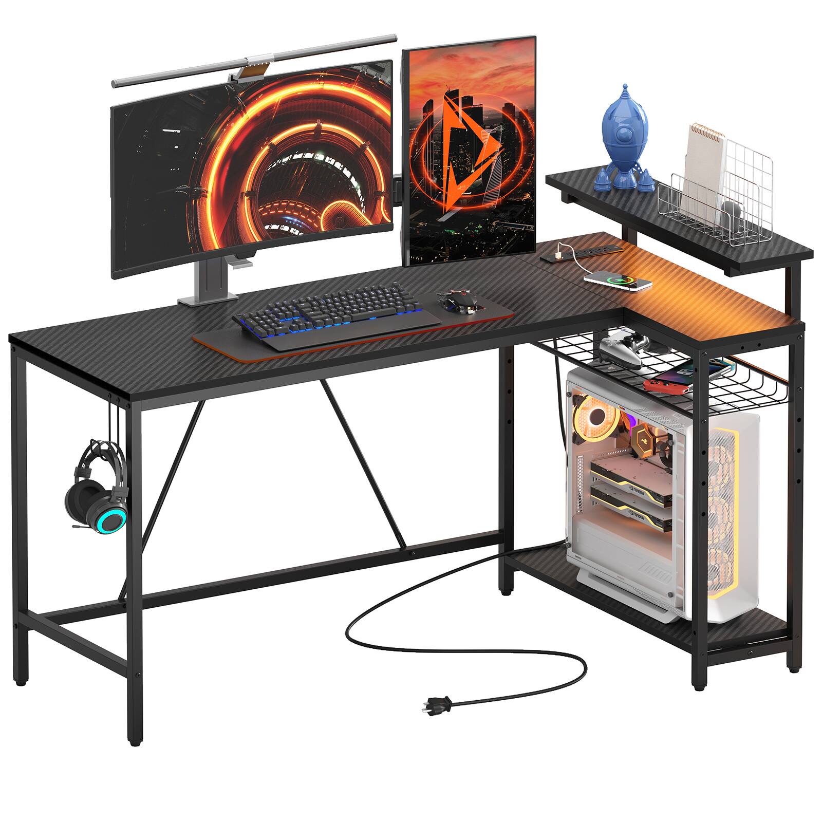 Bestier - 58inch L-Shaped Gaming Desk with LED Lights with Power Outlet & Monitor Stand Corner - Black Carbon Fiber