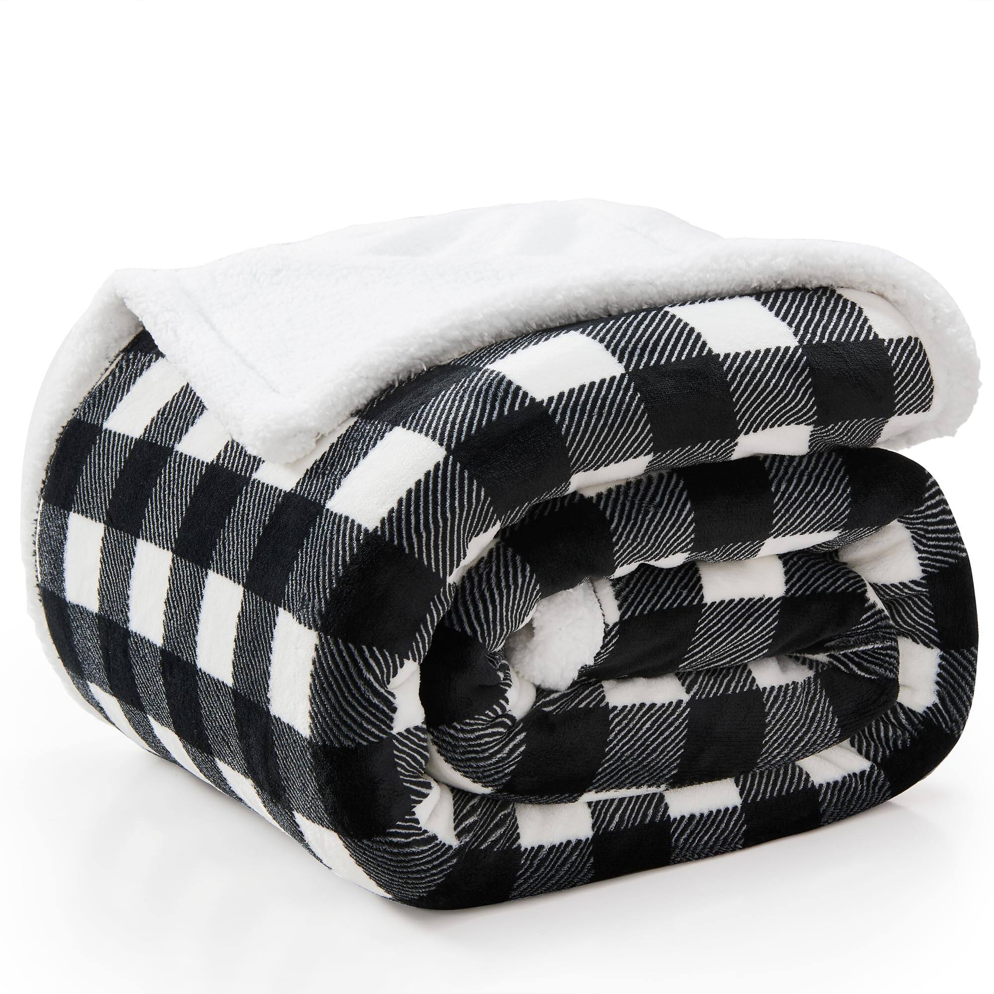 ThinkLink Electronic - Plaid Fleece Throw Blanket For Couch Black & White Checkered Flannel Cozy Soft Decor Women Men 50"x60" - Black White Sherpa King(108"x90")