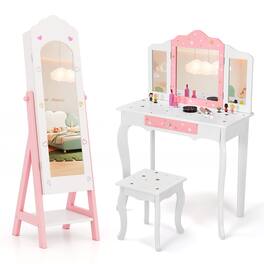 Gymax - Kids Vanity Set Princess Makeup Dressing Table & Chair Set w/ Jewelry Armoire - White