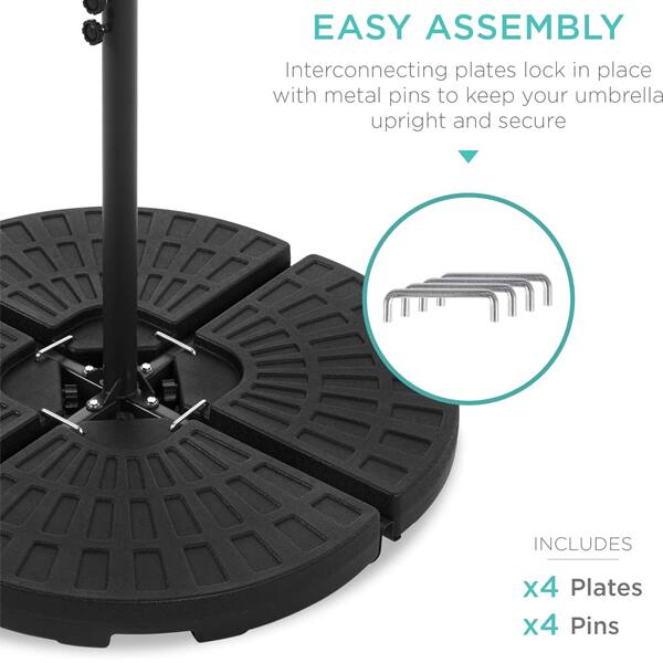 EASY ASSEMBLY
Interconnecting plates lock in place with metal pins to keep your umbrella upright and secure

INCLUDES
x4 Plates
x4 Pins