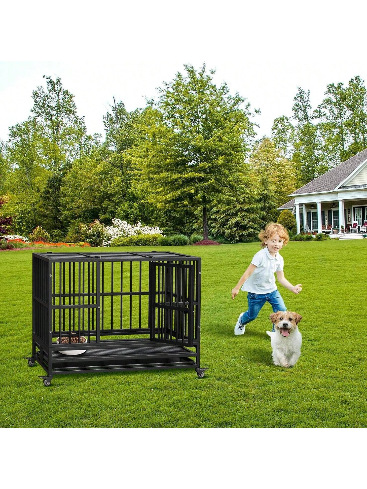Back. Acekool - 37" Folding Dog Crate with Wheels, Heavy Duty Metal Kennel, Double Door & Removable Tray, Small Breed Crate, Black.