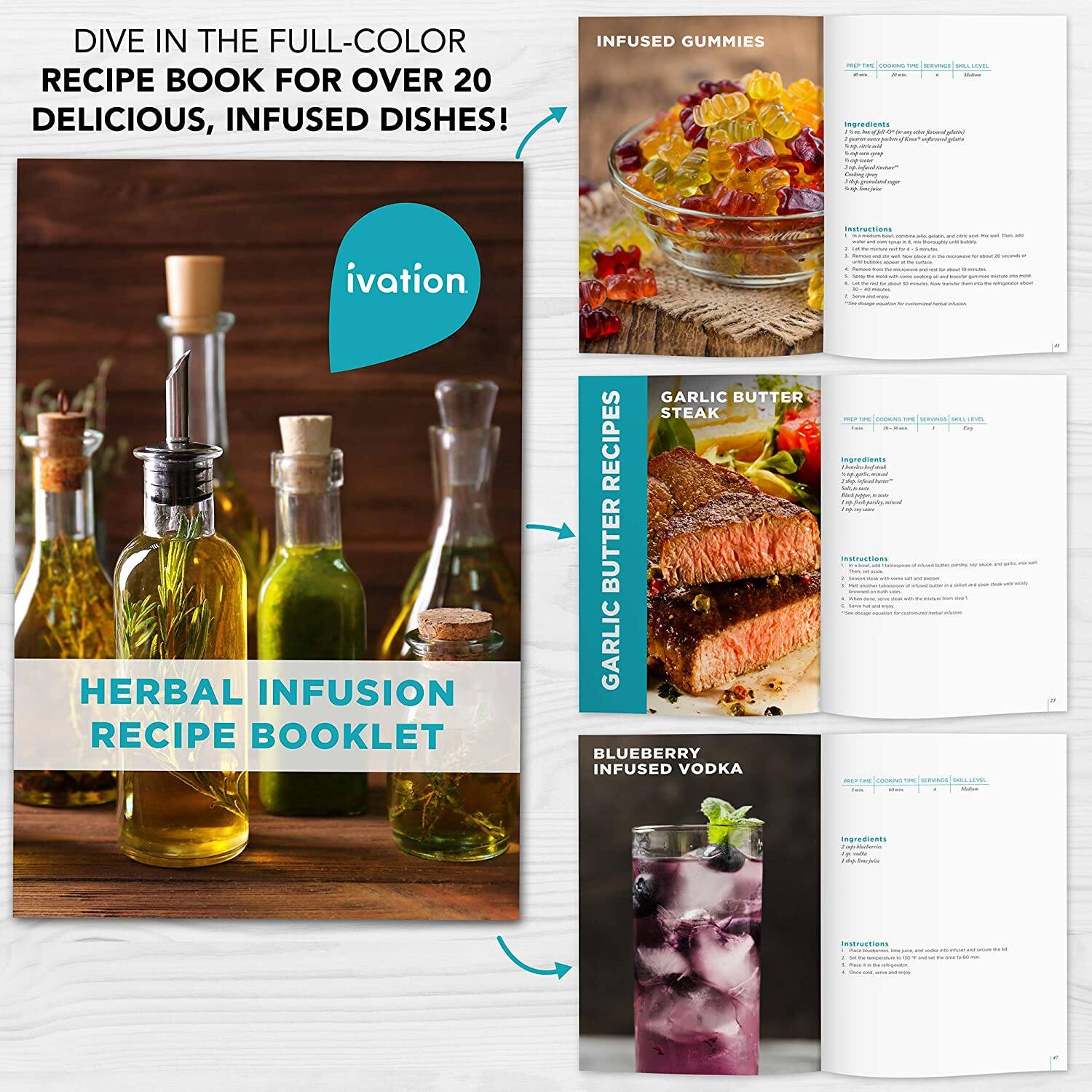 DIVE IN THE FULL-COLOR RECIPE BOOK FOR OVER 20 DELICIOUS, INFUSED DISHES!

**ivation**

**HERBAL INFUSION RECIPE BOOKLET**

**INFUSED GUMMIES**

**GARLIC BUTTER STEAK RECIPES**

**BLUEBERRY INFUSED VODKA**

Ingredients:
- Matiections