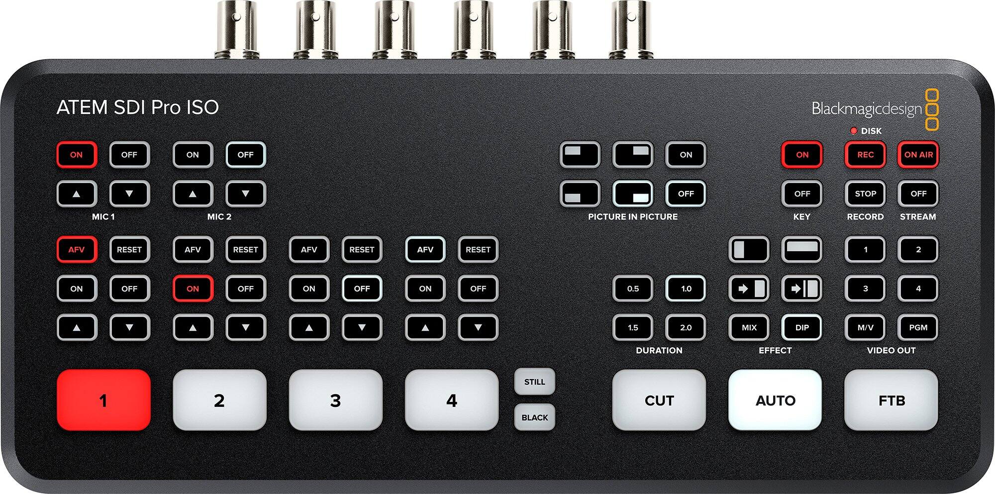 ATEM SDI Pro ISO  
Blackmagic Design  

- DISK: ON  
- REC: ON  
- ON AIR: OFF  
- STOP: OFF  
- MIC 1: ON  
- MIC 2: OFF  
- PICTURE IN PICTURE: ON  
- KEY: OFF  
- RECORD: OFF  
- STREAM: OFF  

- AFV RESET: AFV RESET AFV RESET AFV RESET AFV RESET  
- 1: ON  
- 2: OFF  
- 3: ON  
- 4: OFF  
- 0.5 1.0 1.5 2.0  
- MIX DIP M/V PGM  
- DURATION EFFECT VIDEO OUT 1 2 3 4  
- STILL BLACK CUT AUTO FTB