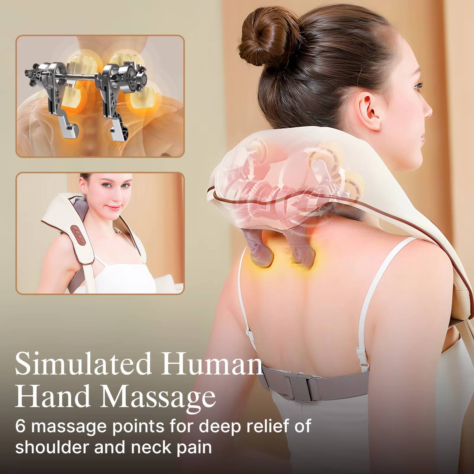 Simulated Human Hand Massage  
6 massage points for deep relief of shoulder and neck pain