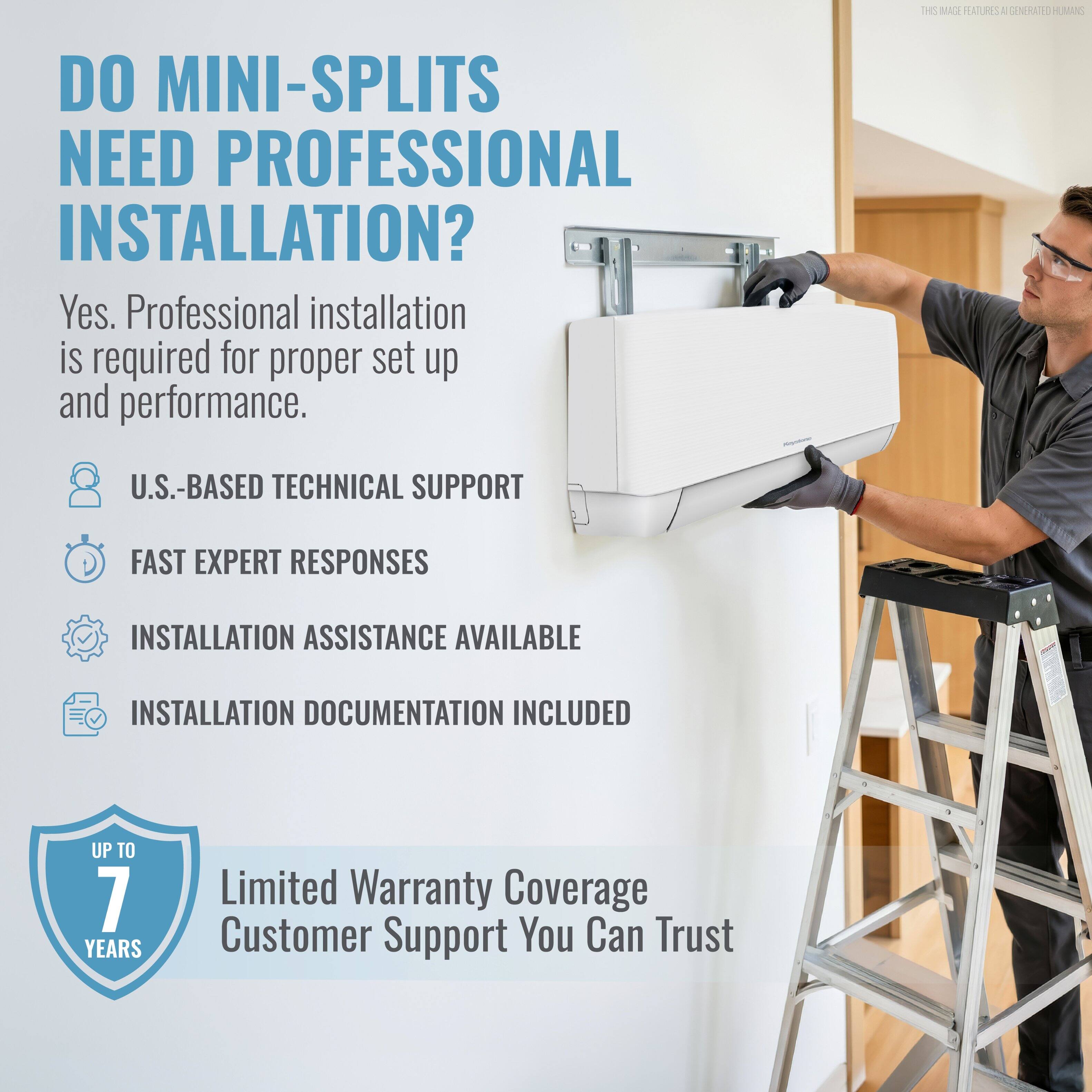 DO MINI-SPLITS NEED PROFESSIONAL INSTALLATION?

Yes. Professional installation is required for proper set up and performance.

- U.S.-BASED TECHNICAL SUPPORT
- FAST EXPERT RESPONSES
- INSTALLATION ASSISTANCE AVAILABLE
- INSTALLATION DOCUMENTATION INCLUDED

UP TO 7 YEARS

Limited Warranty Coverage
Customer Support You Can Trust