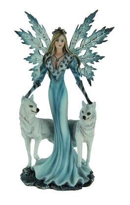 Everspring Import Co. - Ice Fairy Standing With Winter White Wolves Statue - Blue