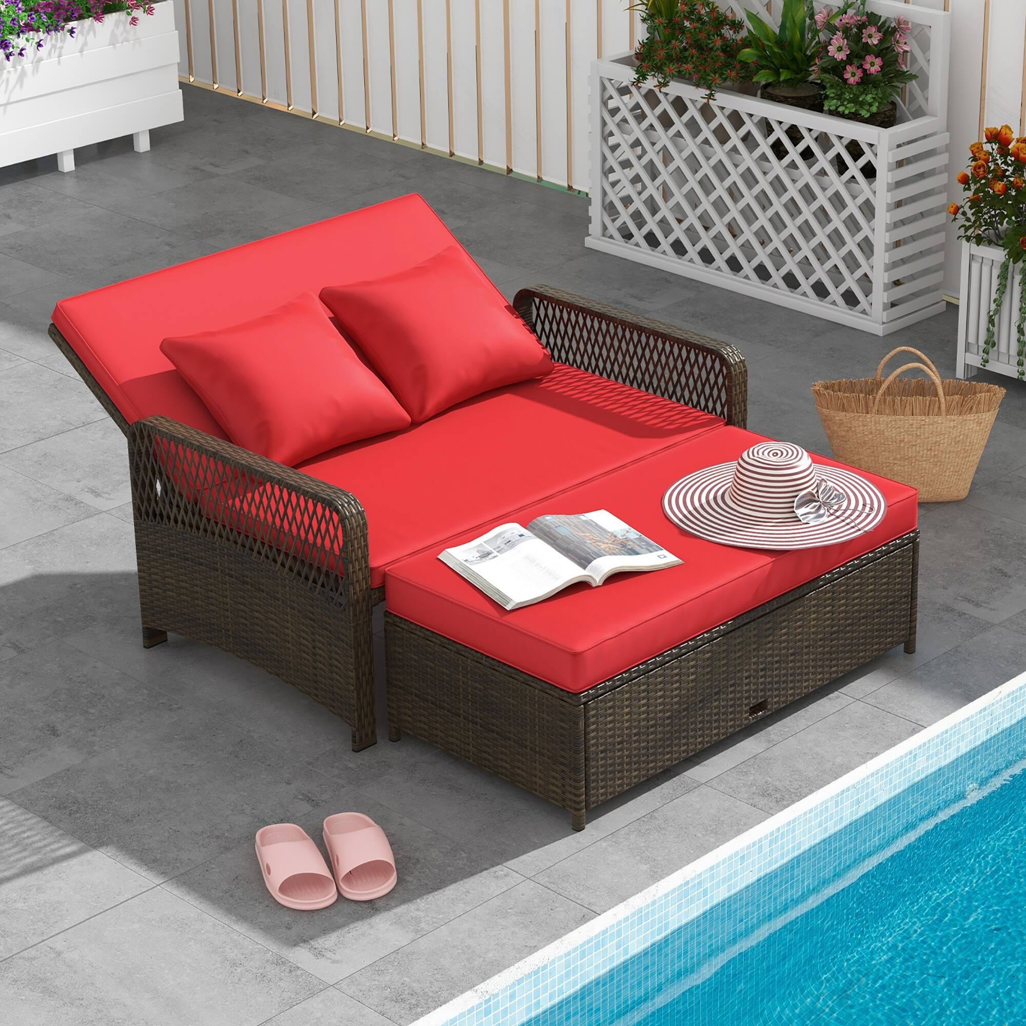 Alt View 1. Gymax - Gymax Patio Rattan Daybed Wicker Loveseat Sofa w/ Multifunctional Ottoman Red - Red.