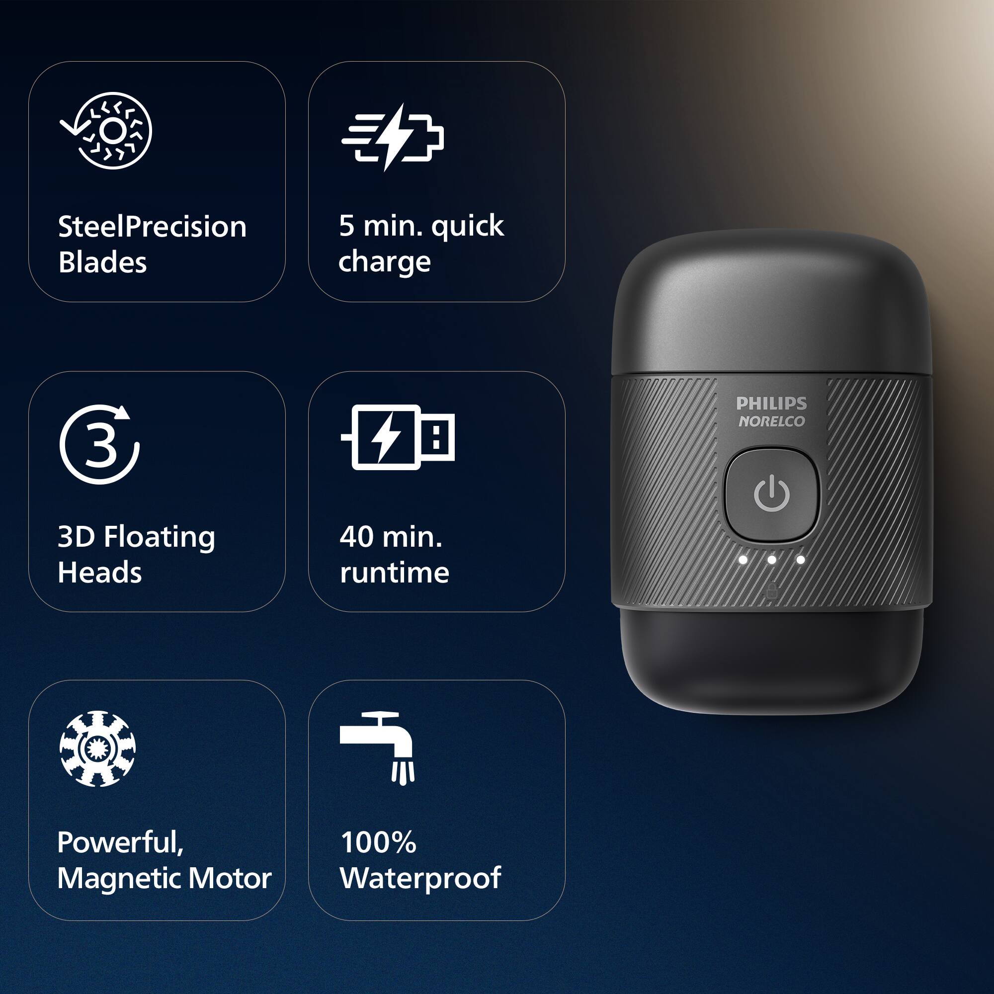 Steel Precision Blades  
5 min. quick charge  
3D Floating Heads  
40 min. runtime  
Powerful, 100% Magnetic Motor  
Waterproof