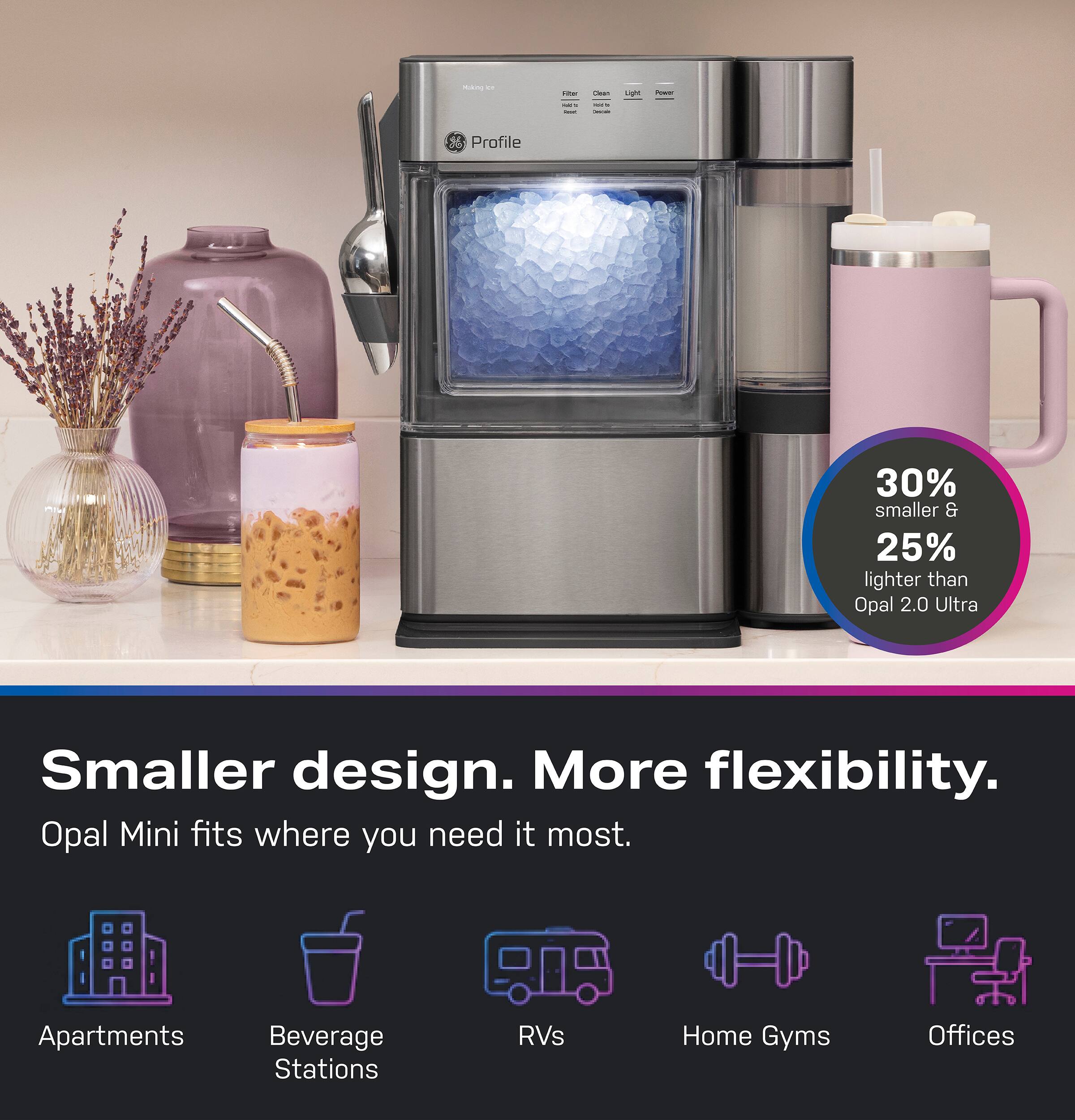 Hin : i - L  : I - : Profile 30% smaller & 25% lighter than Opal 2.0 Ultra Smaller design. More flexibility. Opal Mini fits where you need it most. Apartments Beverage Stations RVs Home Gyms Offices