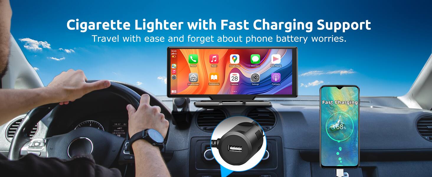 Cigarette Lighter with Fast Charging Support  
Travel with ease and forget about phone battery worries.  

Fast Charging Support  
about phone battery worries.  

18:41  
NO Phone Music  
Dooune Mt Messages S Playing  
J SaTScees Aubobooks mte 28 Calorelar Seltings Podcent  

Fast Charging  
0.12 B - eur che -EWNITAR #68%